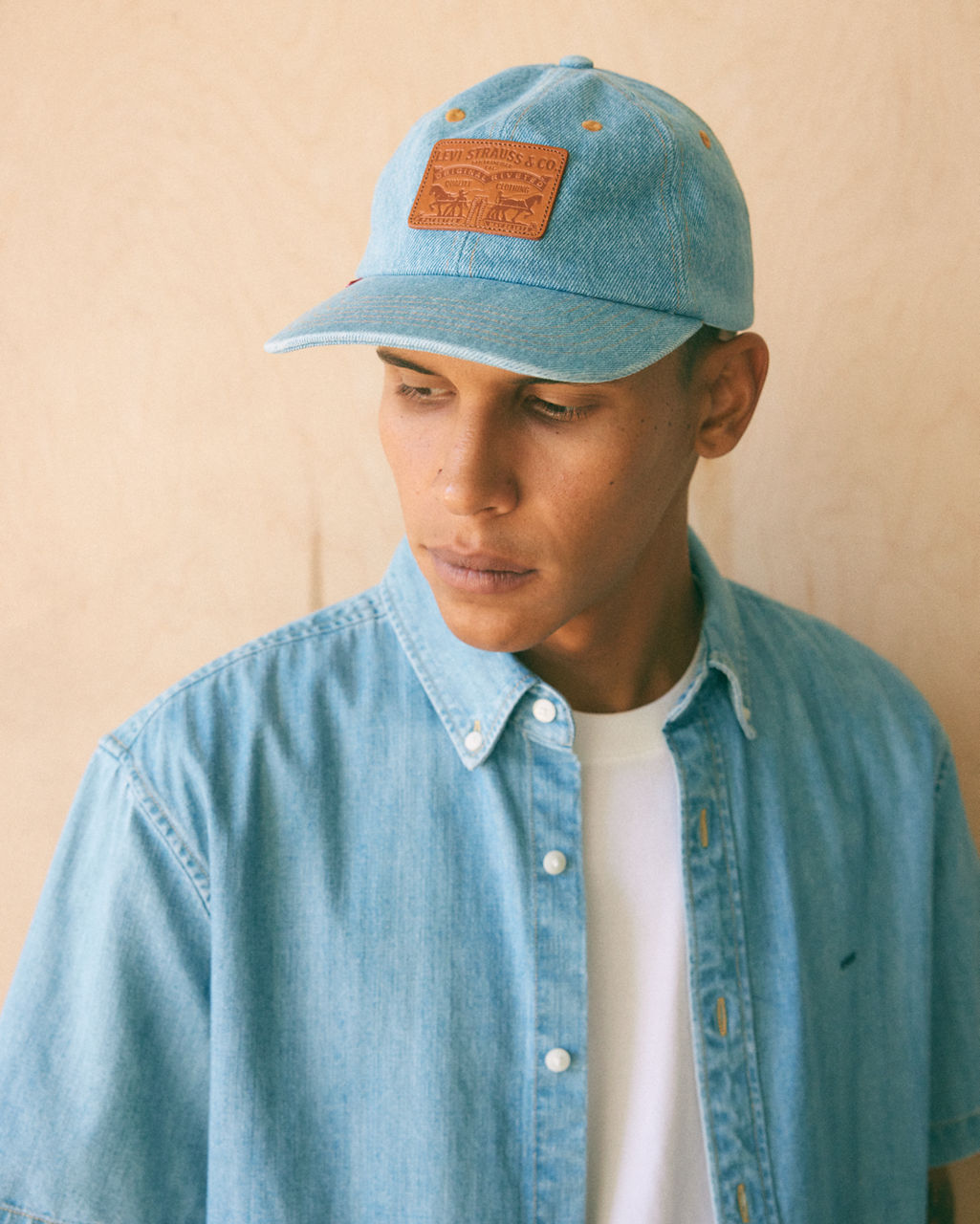 Blue denim baseball hat.