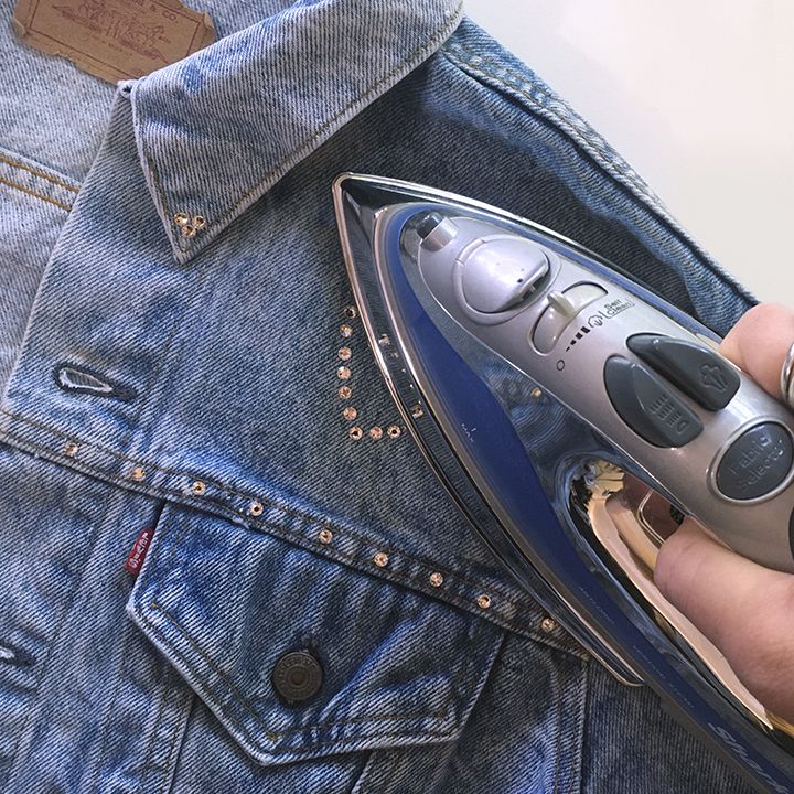 crystal pressed by flat iron on trucker jacket