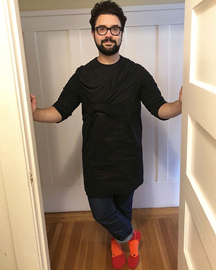 Collage of three images. First image: close-up of clear sneakers and Levi's logo socks. Middle image: Photo of Max Kessler standing in a doorway in his home. He is wearing all black and bright red socks. Last image: Close-up of terracotta Trucker Jacket hanging on the back of a chair.