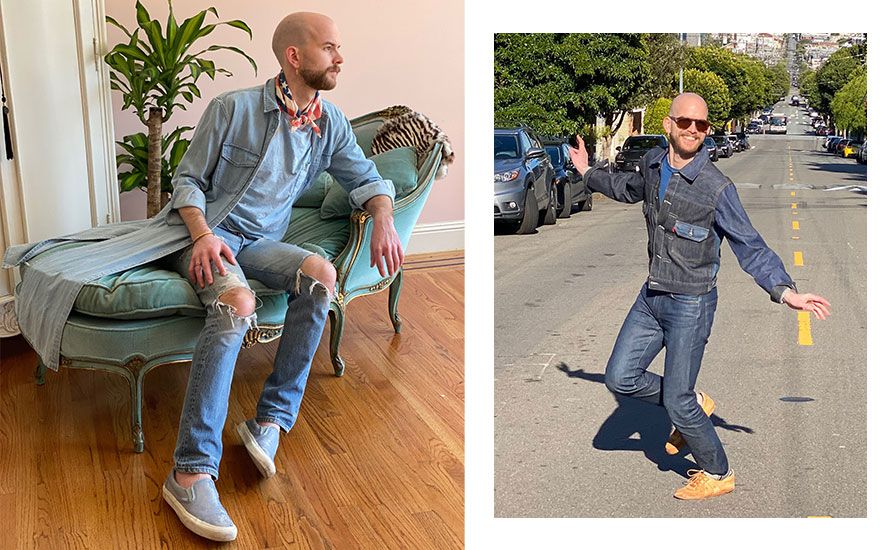 Side by side images of Austin McCune. In the first, he's sitting on a chaise lounge wearing all blue and denim. In the second, he's standing outside wearing head-to-toe denim.