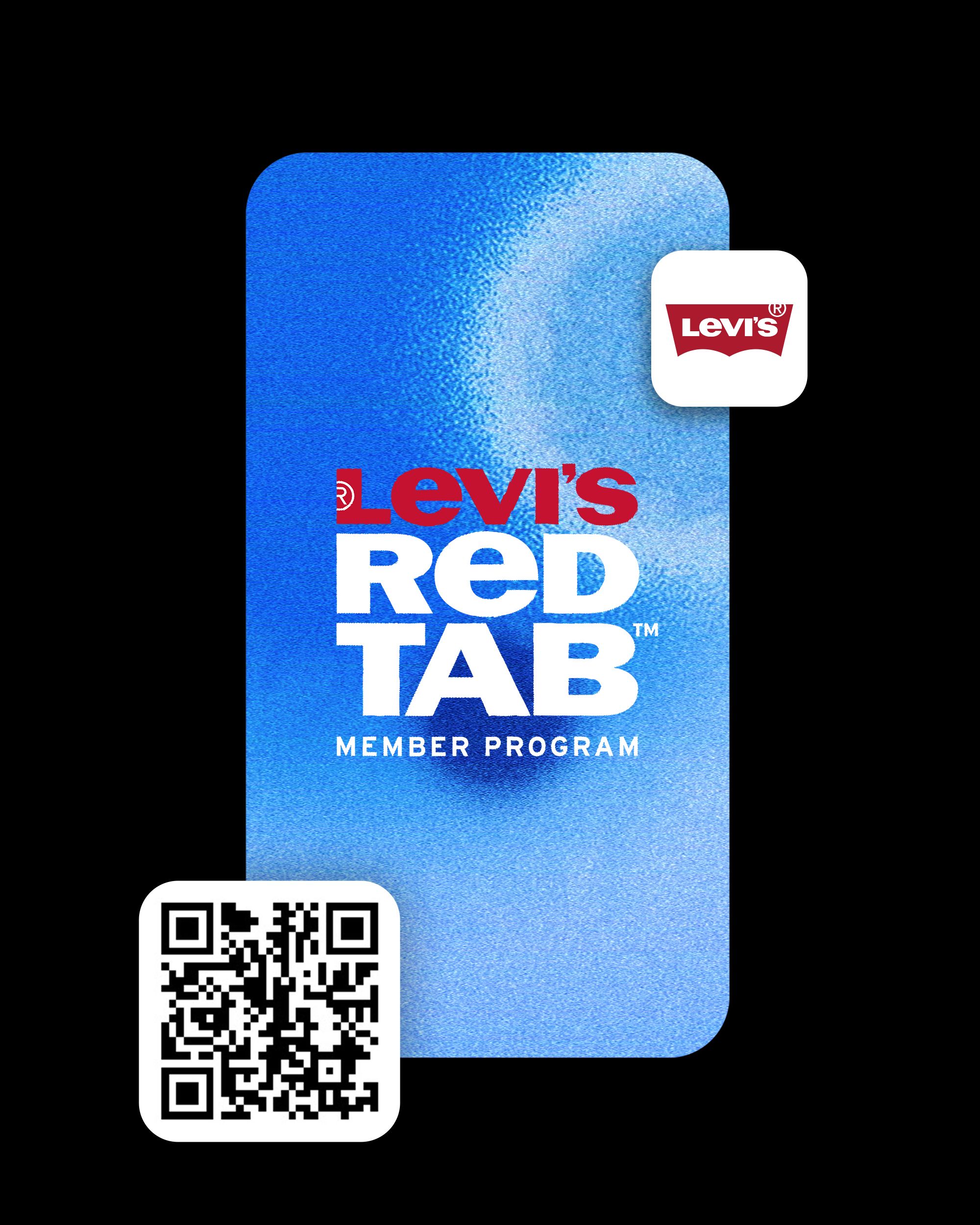 Phone shaped screen showcasing textured blue background with the Red Tab™ logo, the Levi's® App Store icon and a scannable QR code
