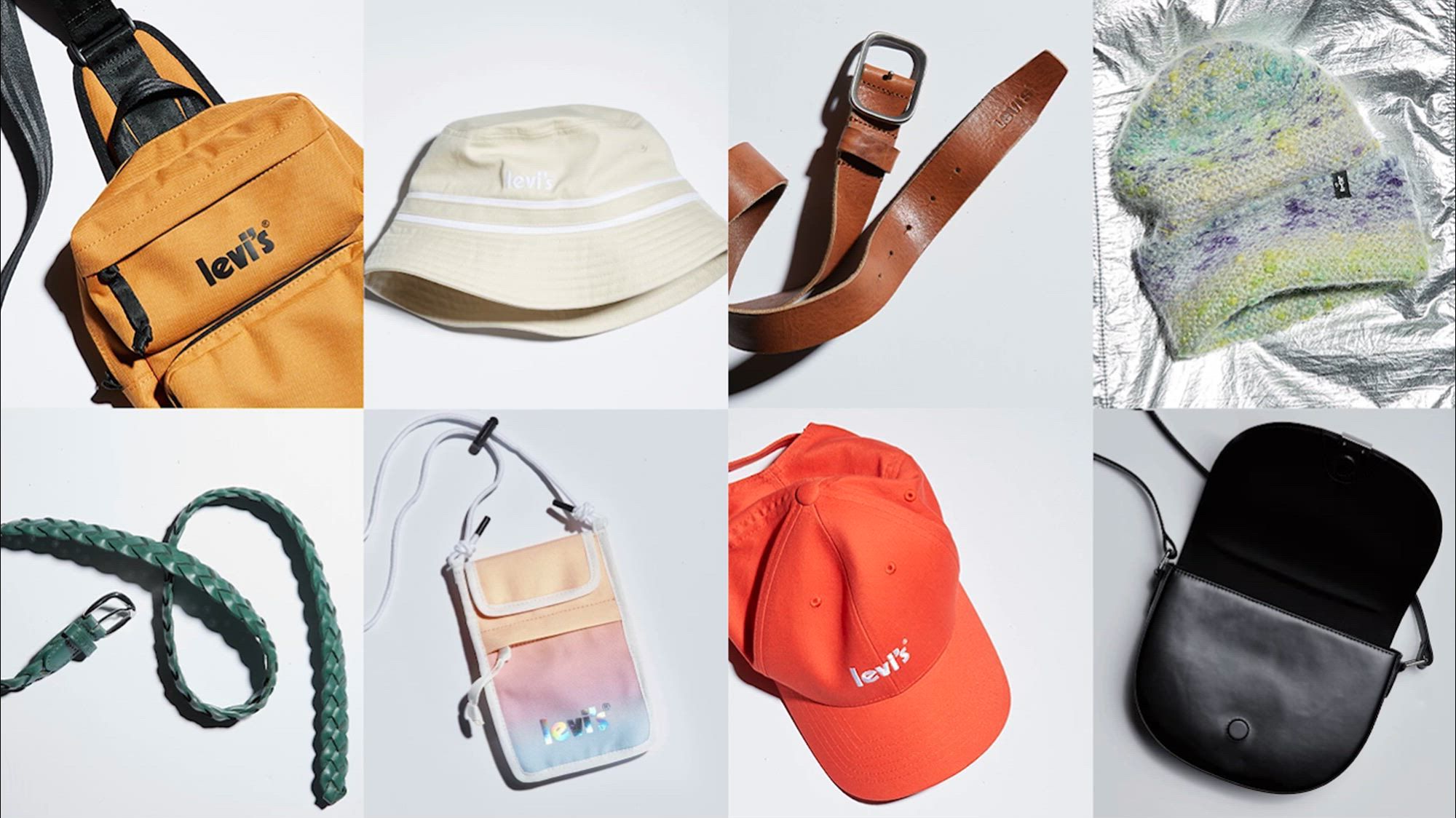 Levi's holiday accessories Hats, Belts, Bags in different colors and styles.
