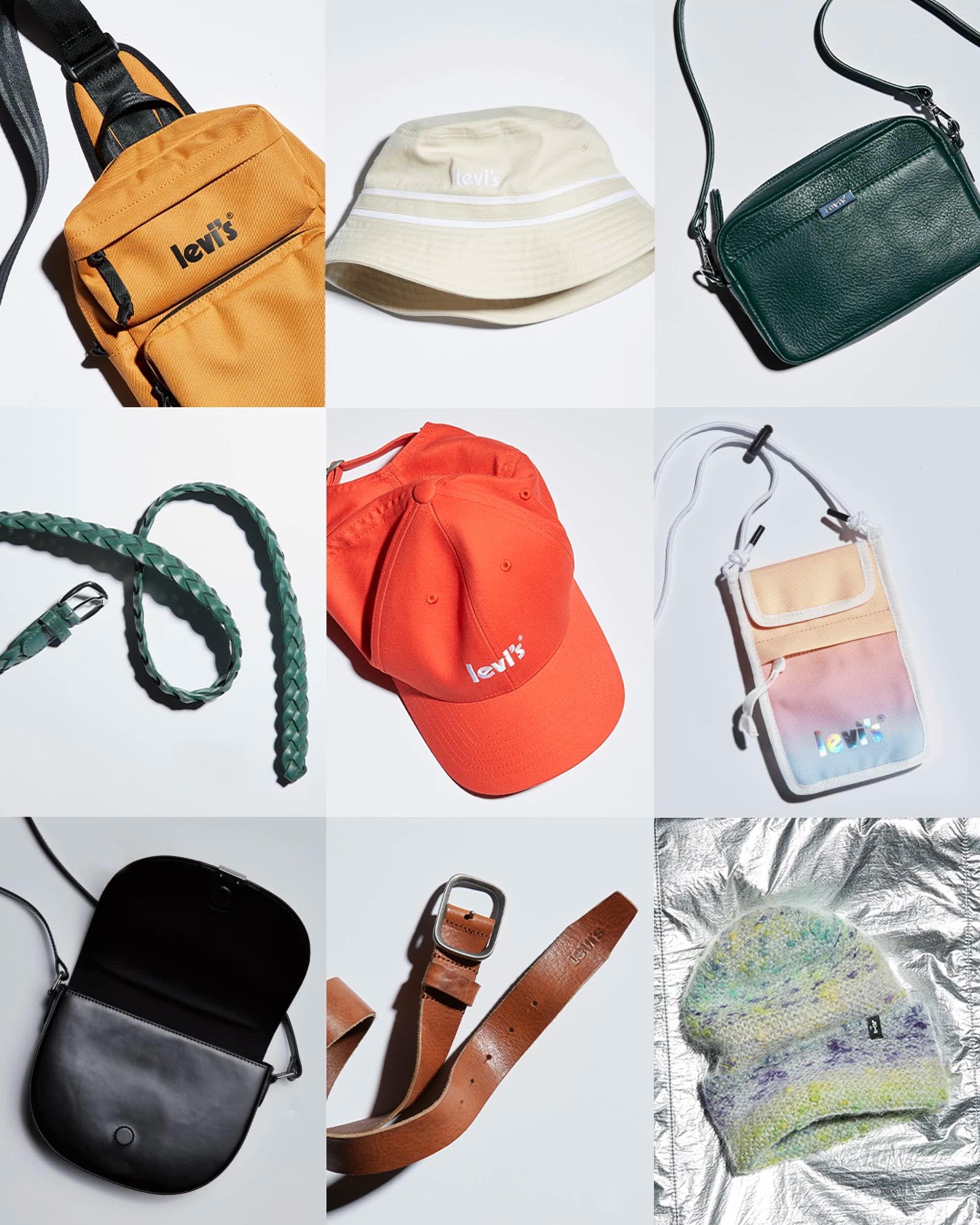 Levi's holiday accessories Hats, Belts, Bags in different colors and styles.