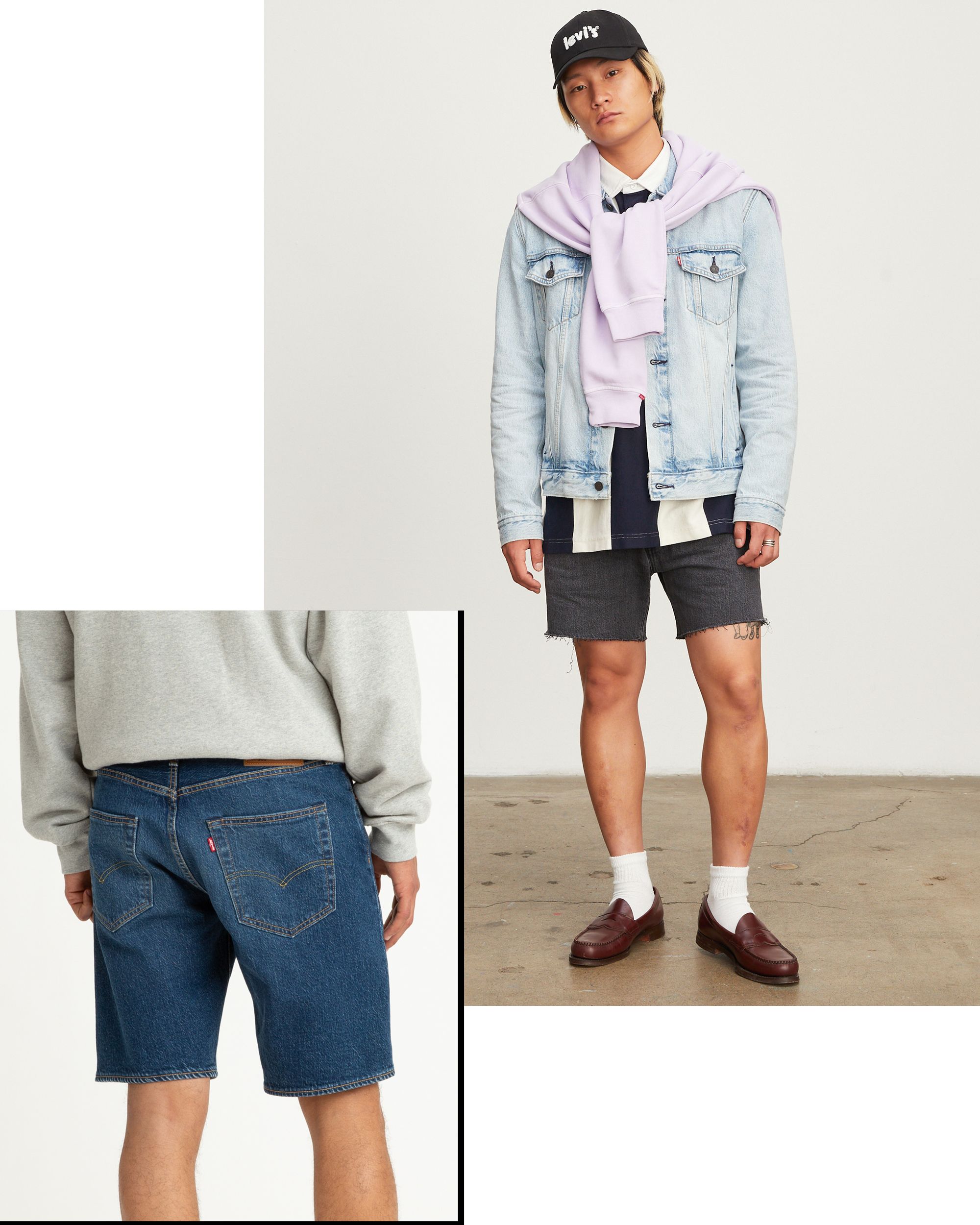 Men styled in Levis denim shorts
