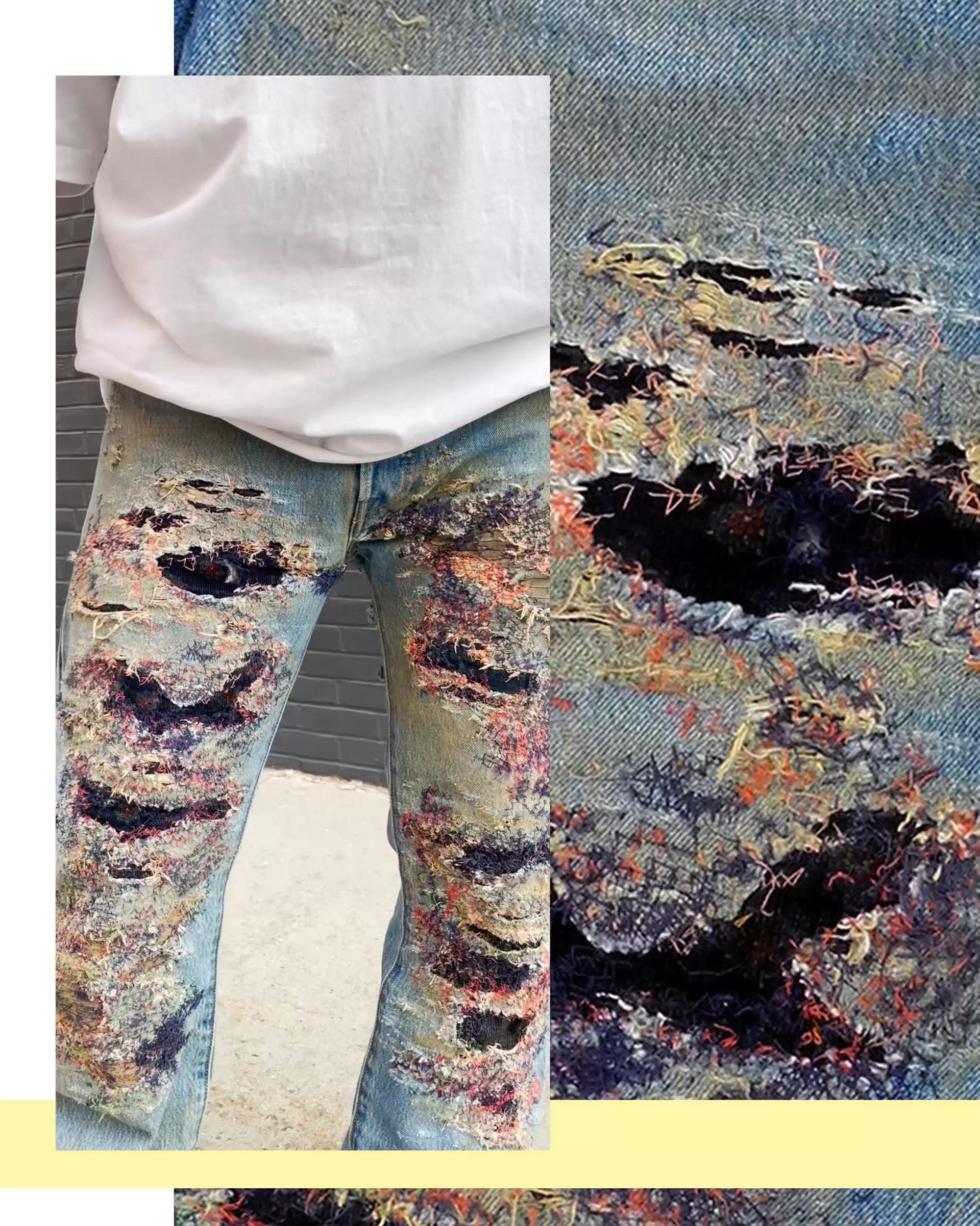 Phillip Leyesa in a close-up shot of Levi's 501 Jeans after his customization process showing detailed distressed effect.