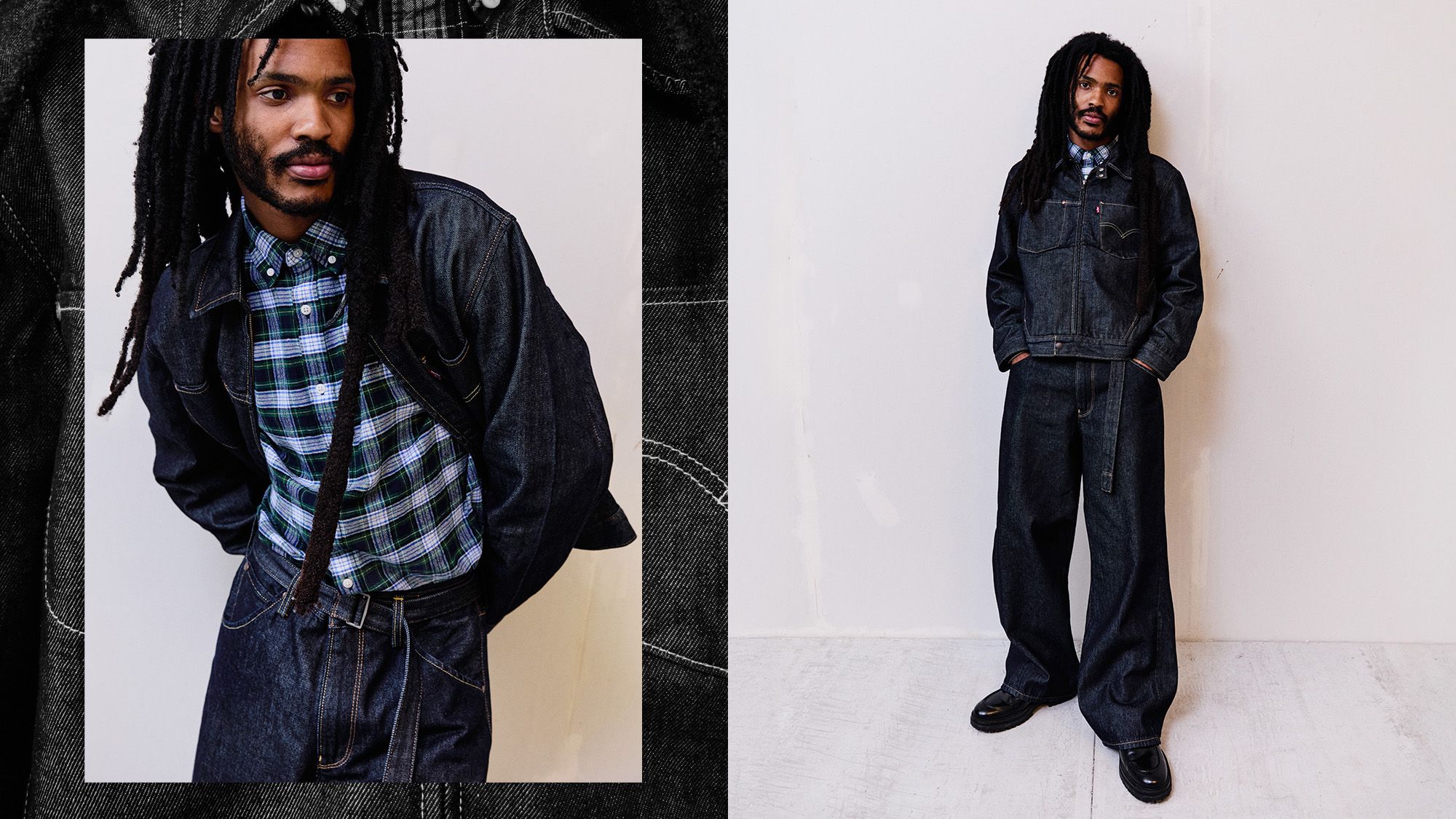 Model in plaid button up and dark wash denim