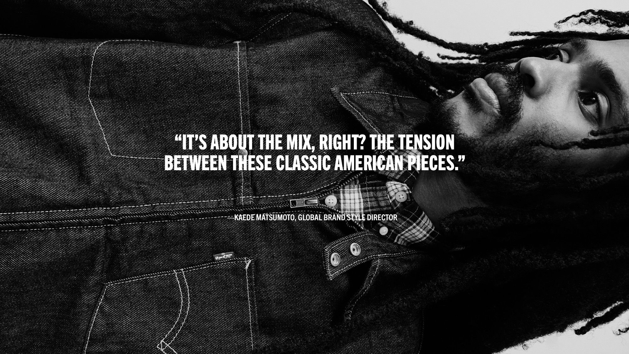 Black and white image of model with text overlay