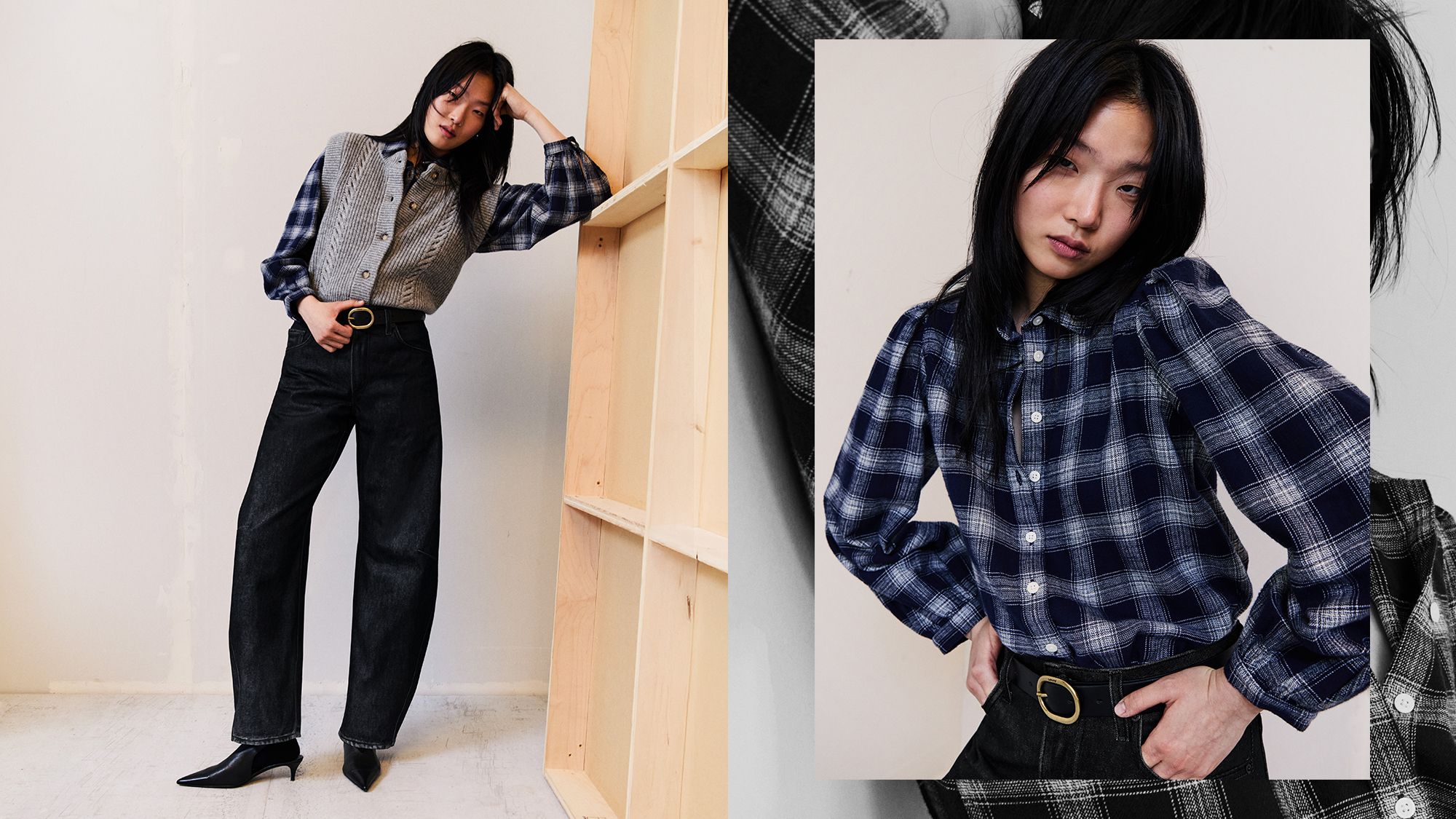 Model in dark wash denim and plaid button up
