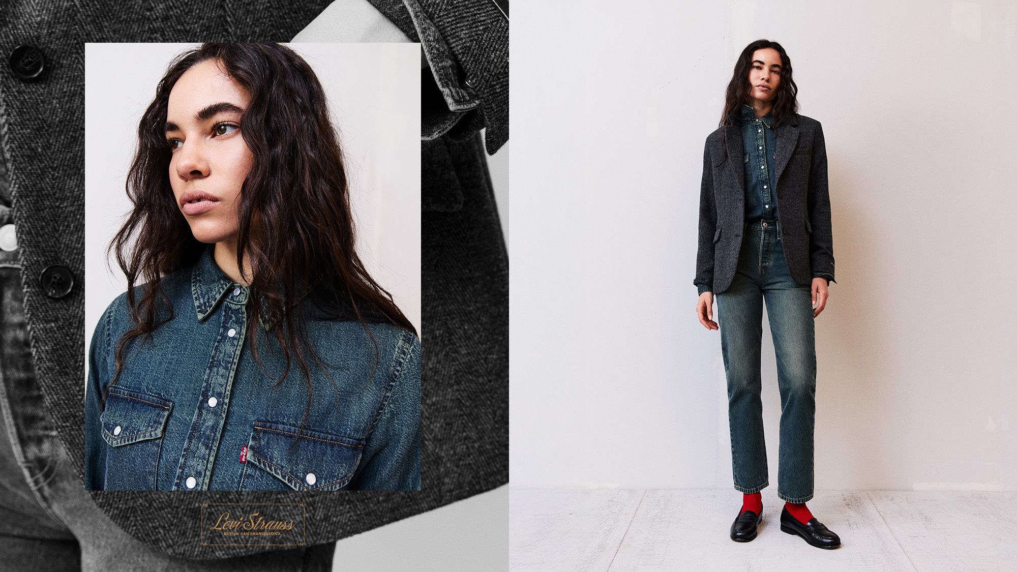 Model in denim button up, dark wash jeans, and dark wash blazer