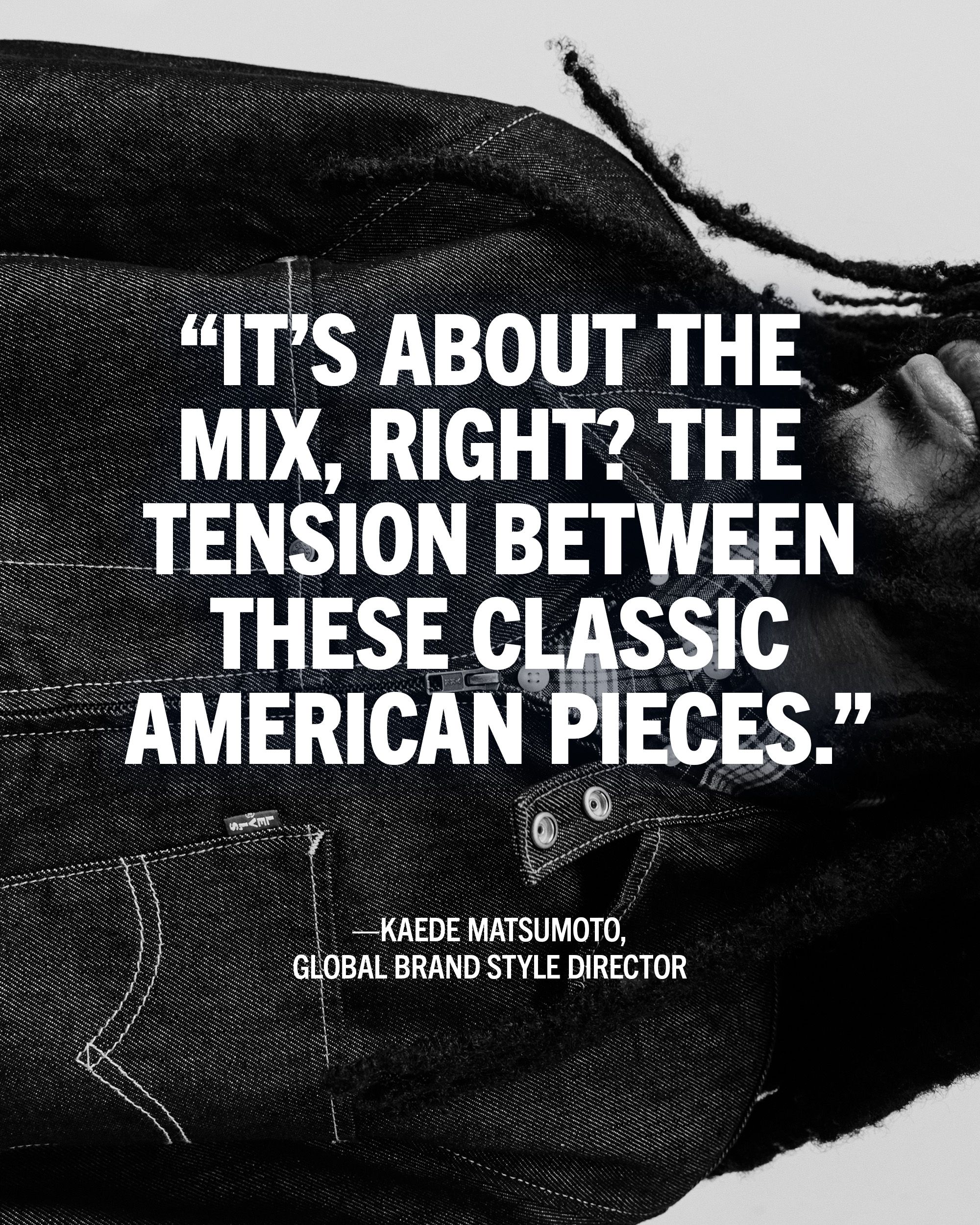 Black and white image of model with text overlay