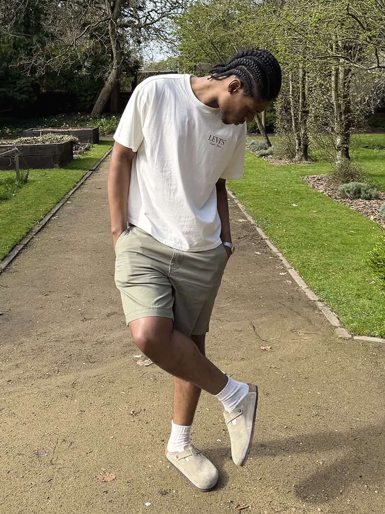 White Tee + Green Shorts