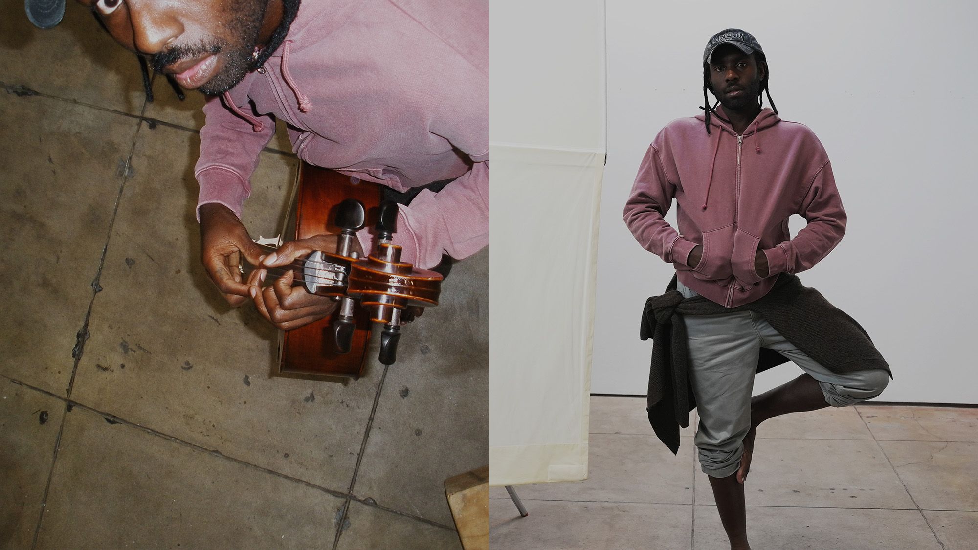 Dev Hynes in red garment dyed zip up hoodie and scrunched up Levi's® XX Chinos