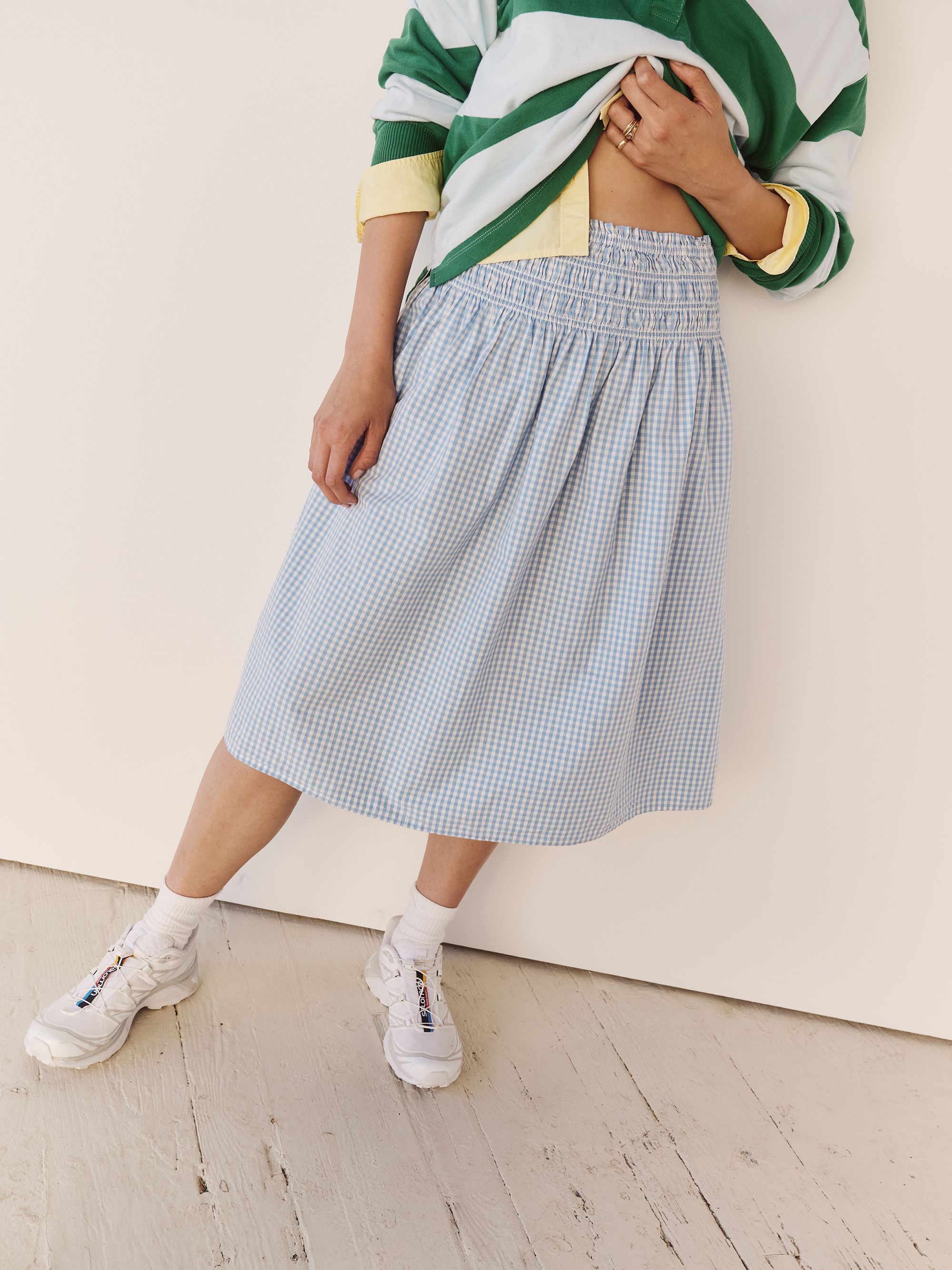 Model wearing midi skirt