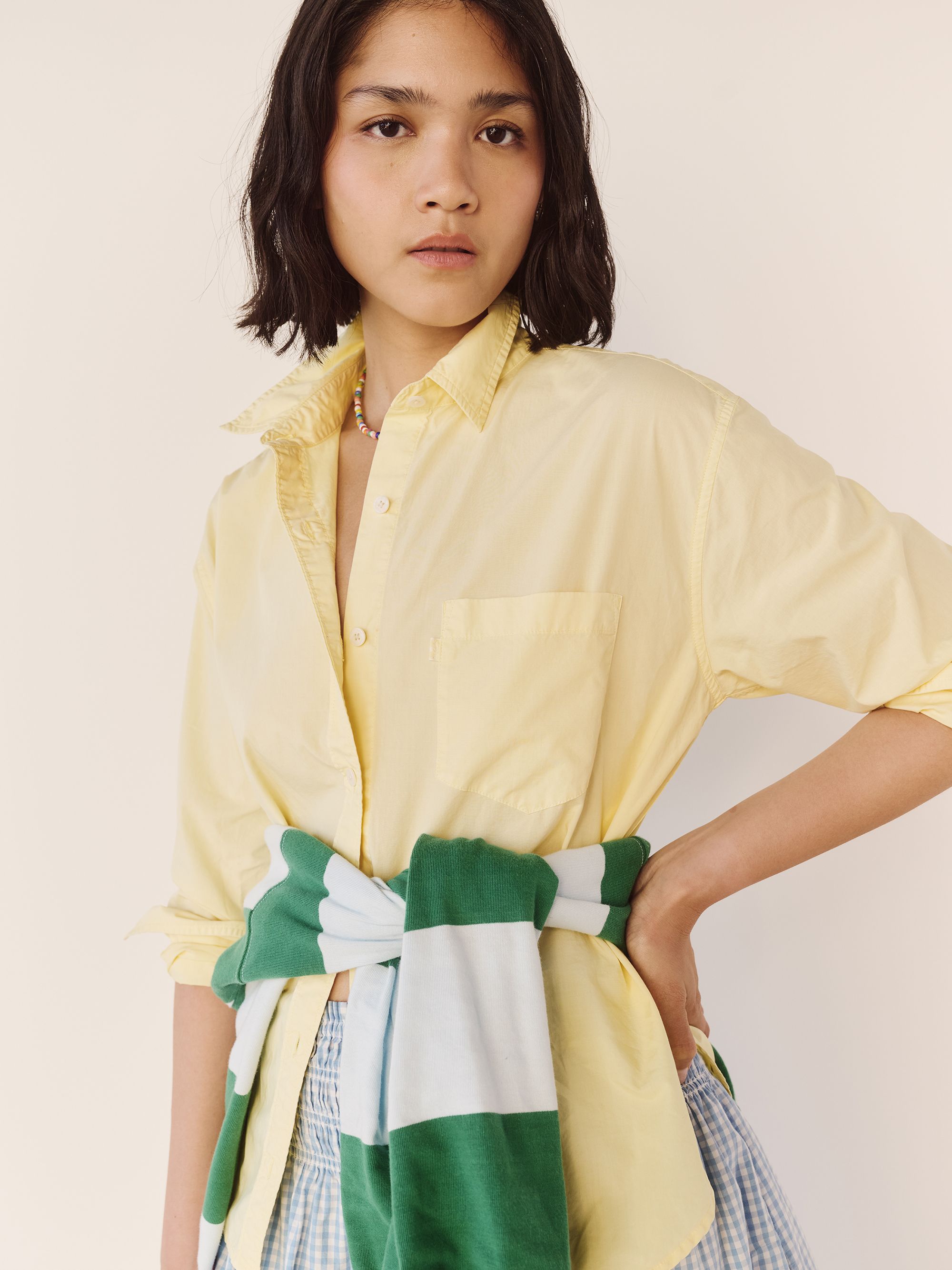 Model wearing Harlie boyfriend shirt