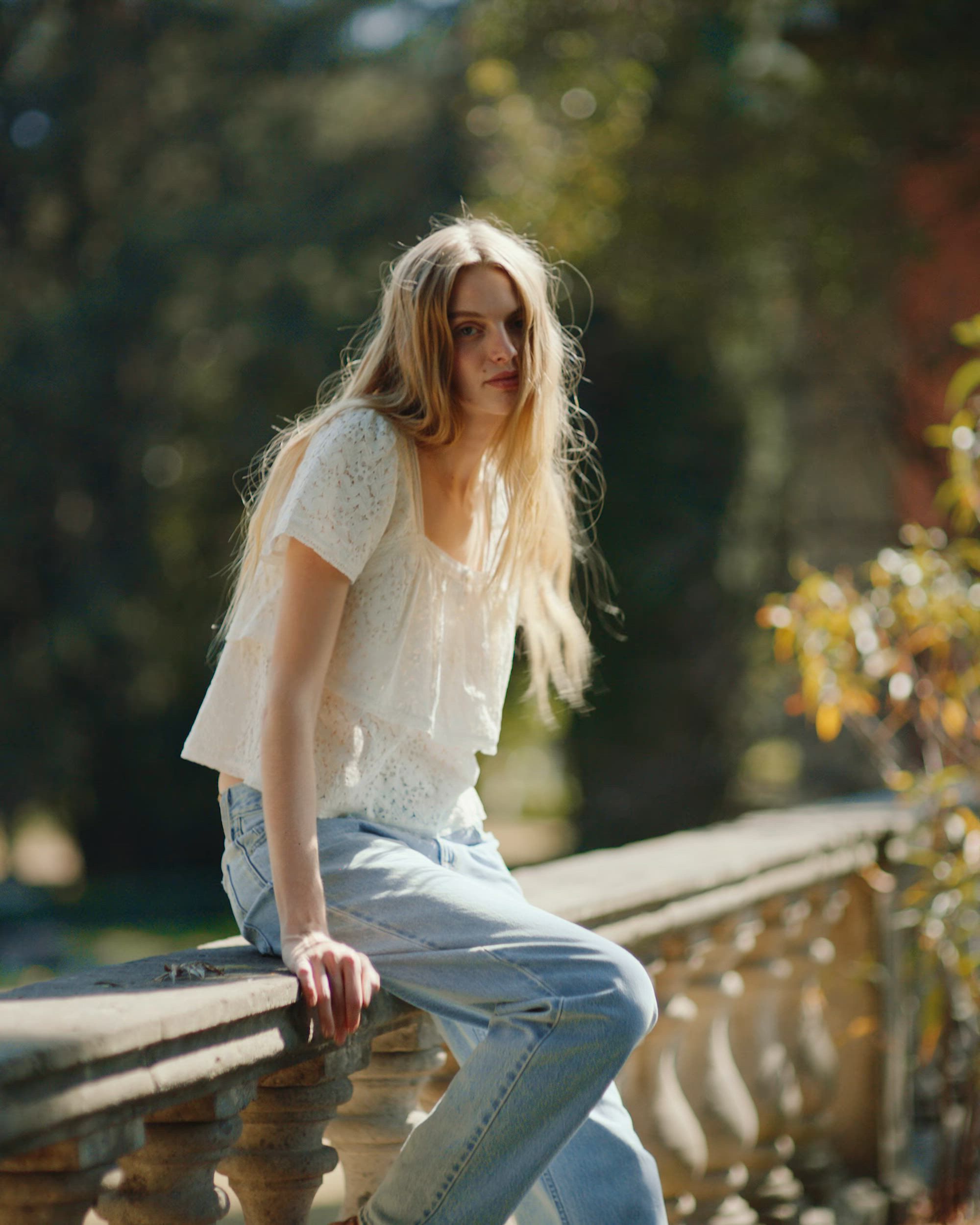 model in loose taper jeans