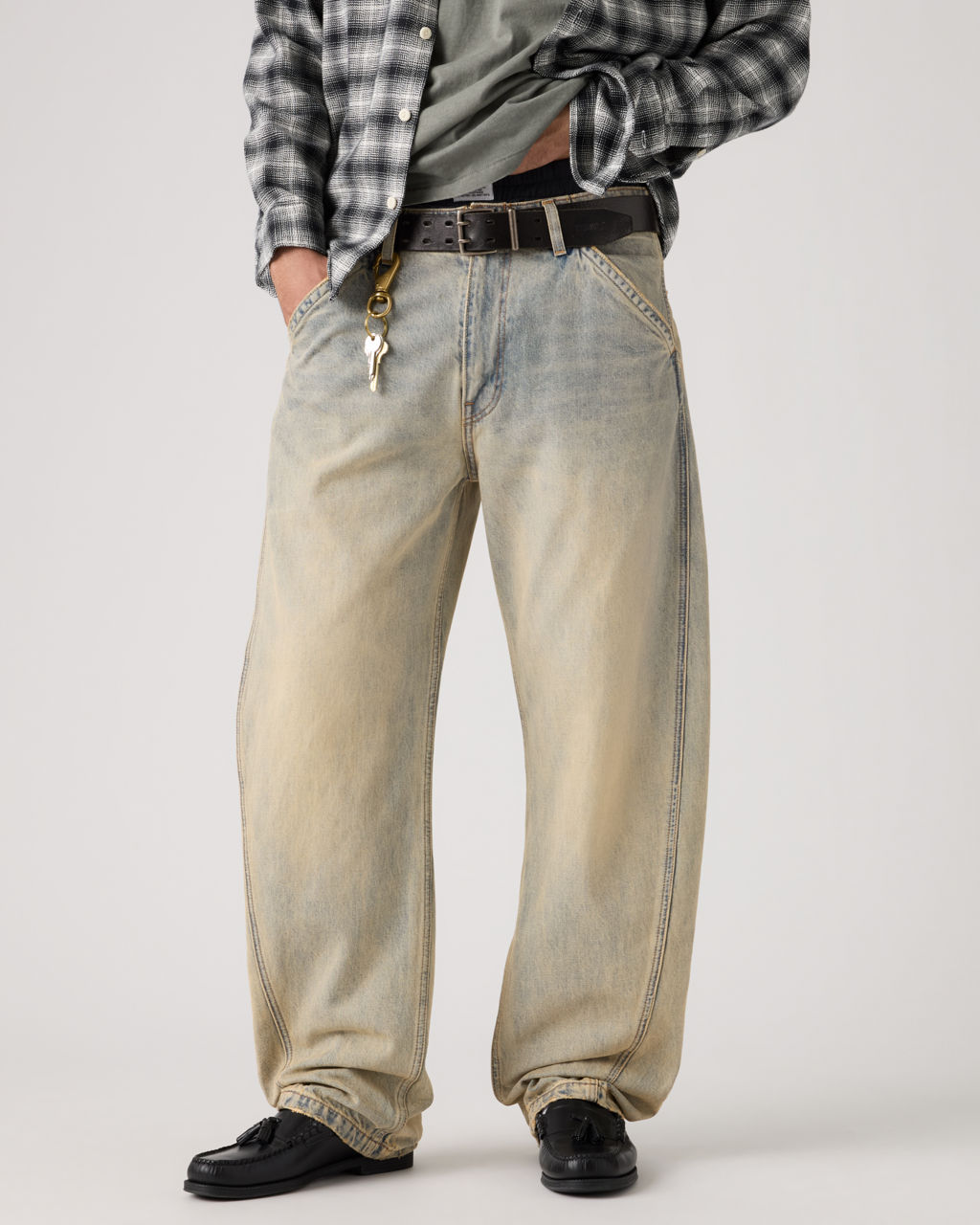 Closeup of model in new Baggy Barrel men's jean