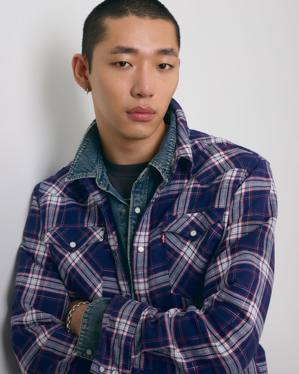 Model in men's layered button down shirts
