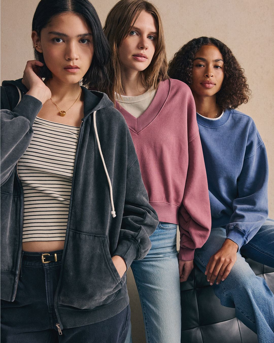 Models in assorted garment dyed sweatshirts