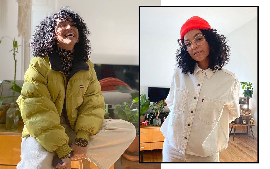 Two side by side images of Micaela Stuart's outfits at-home.