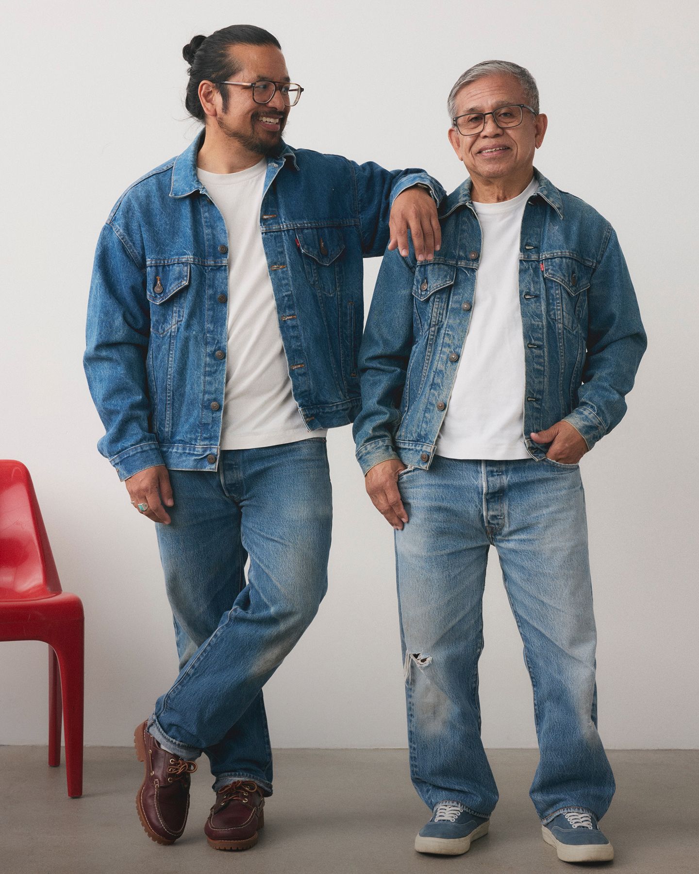 image of father and son in denim