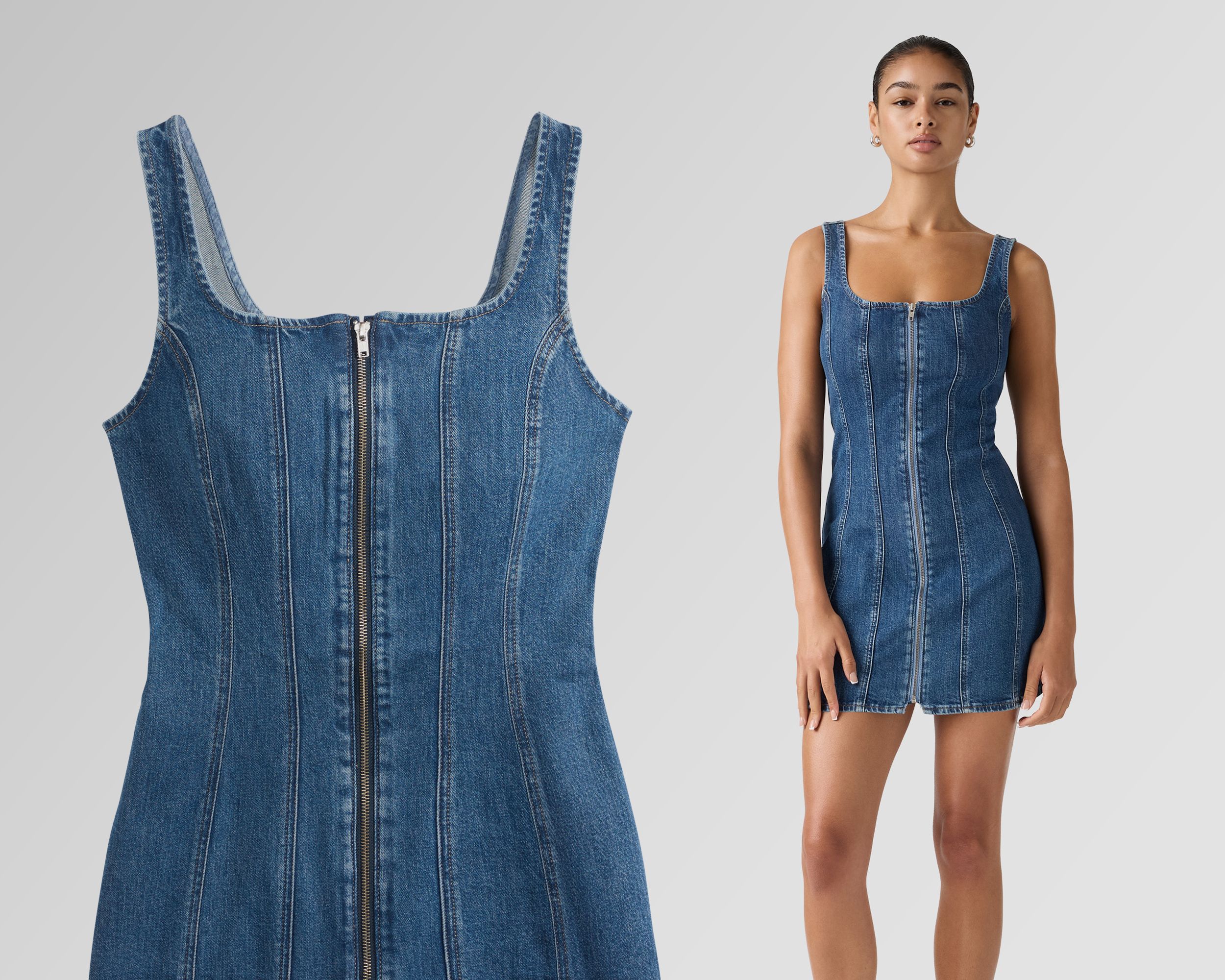Seamed Zip Denim Dress