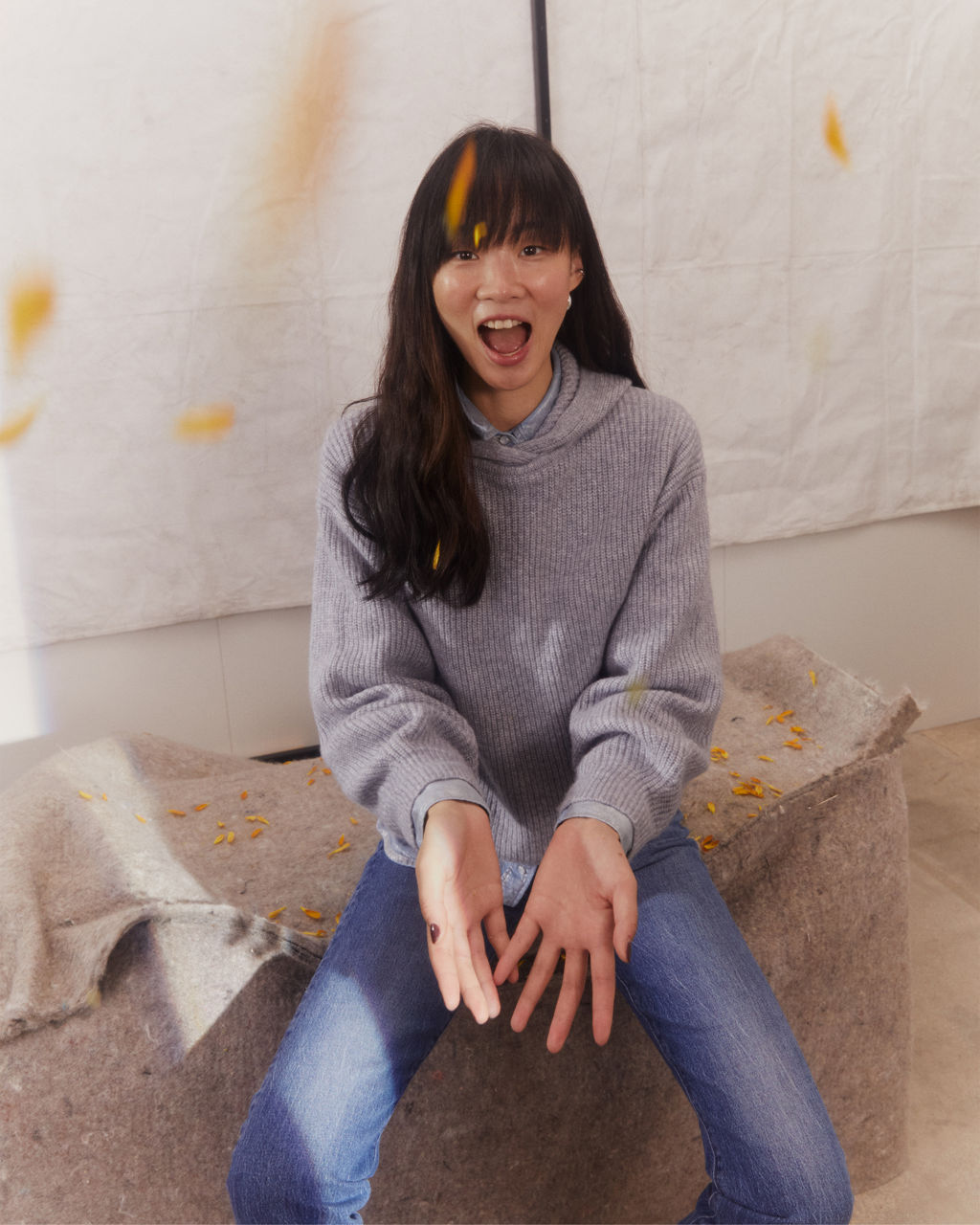 Woman wearing pink sweatshirt