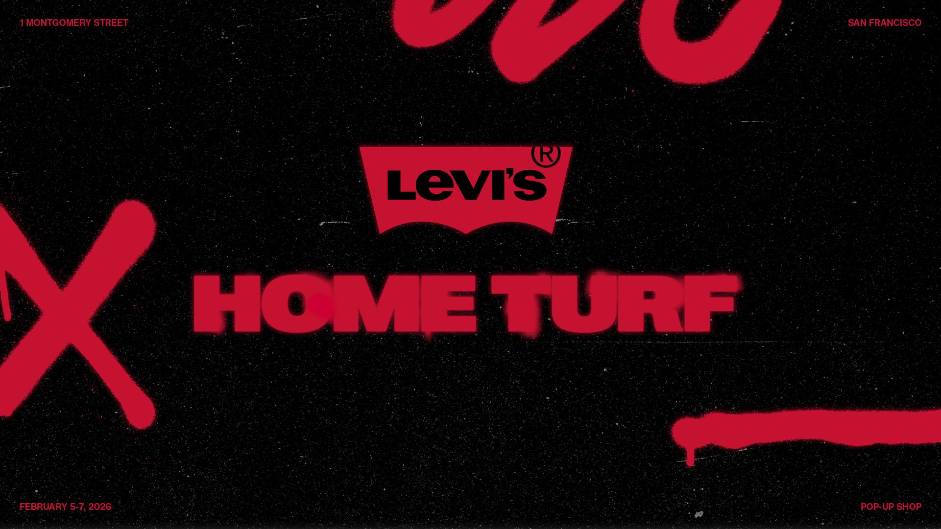 Black texture plate with red spray paint accents and Levi's® Home Turf lockup centered