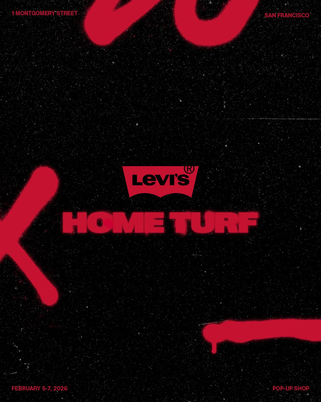Black texture plate with red spray paint accents and Levi's® Home Turf lockup centered