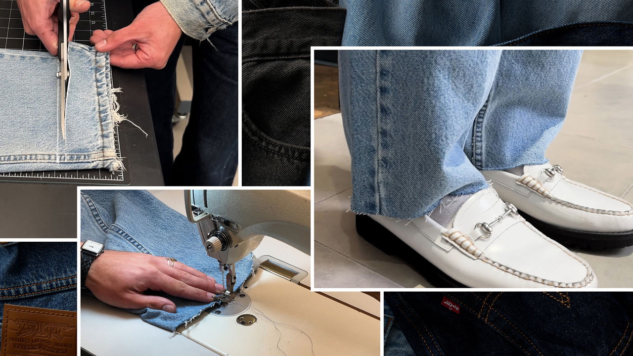 raw hem cut on denim jeans close up