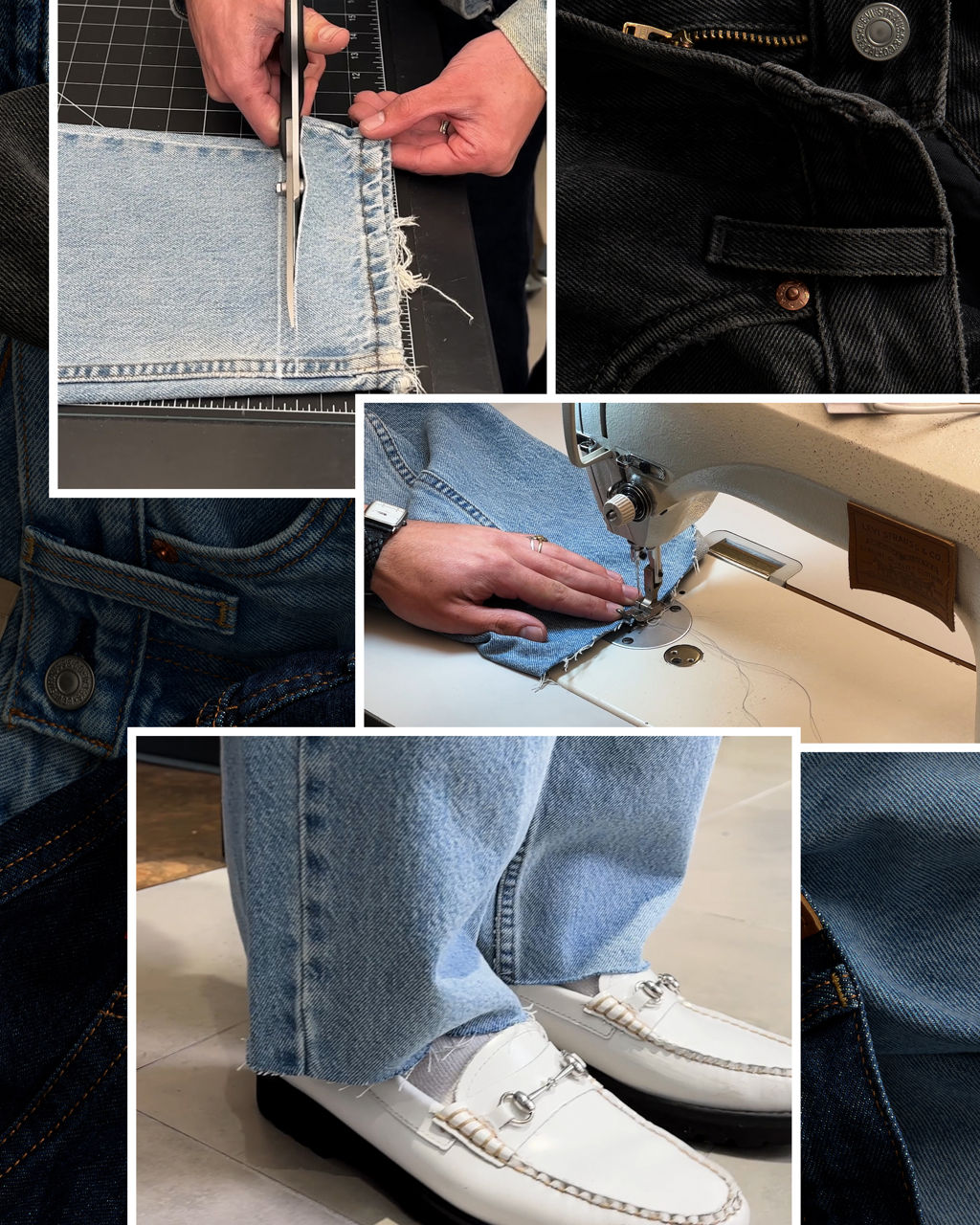 raw hem cut on denim jeans close up