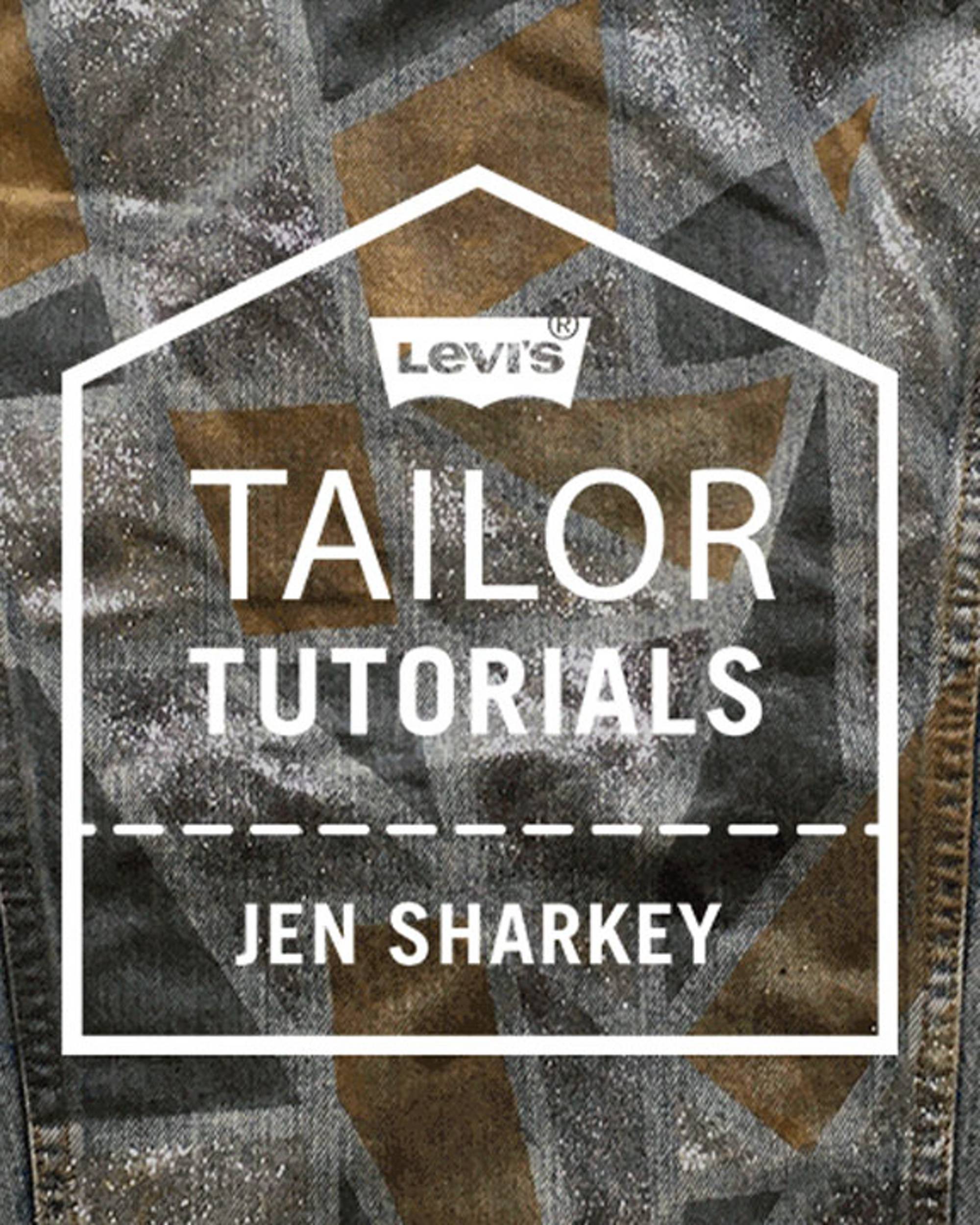 Video of Levi's® Tailor, Jen Sharkey, wearing the customized stained glass trucker jacket she created next to an image of the laydown of the trucker.