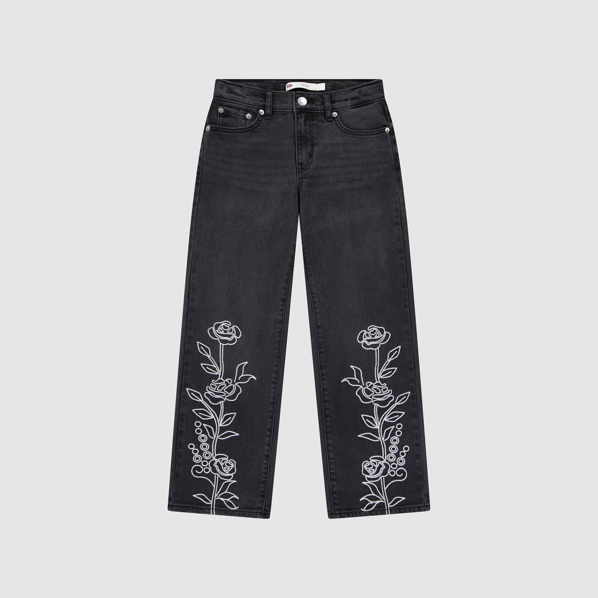 Wide Leg Jeans with embroidery Big Girls 7-16 — Black Stretch