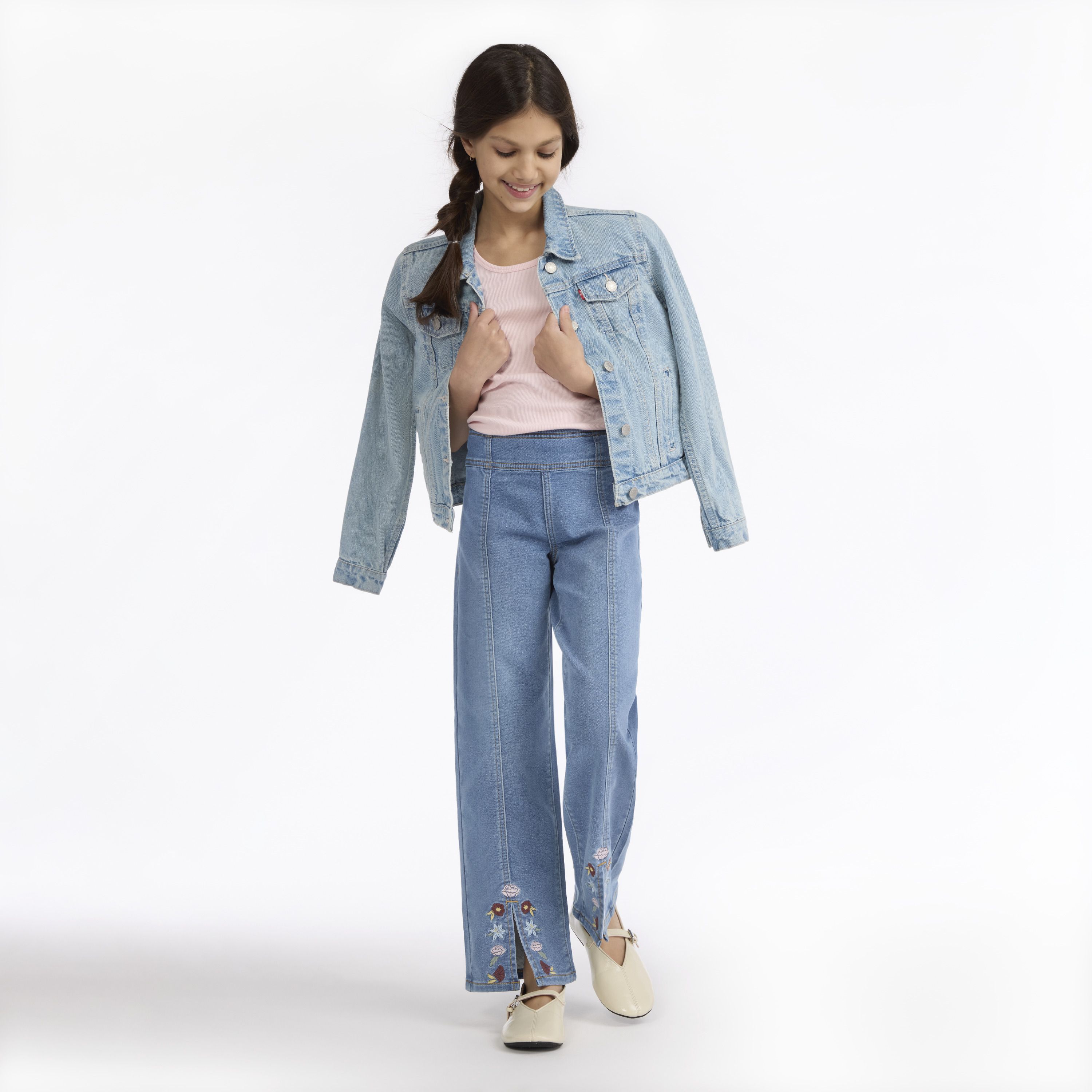 Dobby Pull On Wide Leg Jeans Big Girls 7-16 5