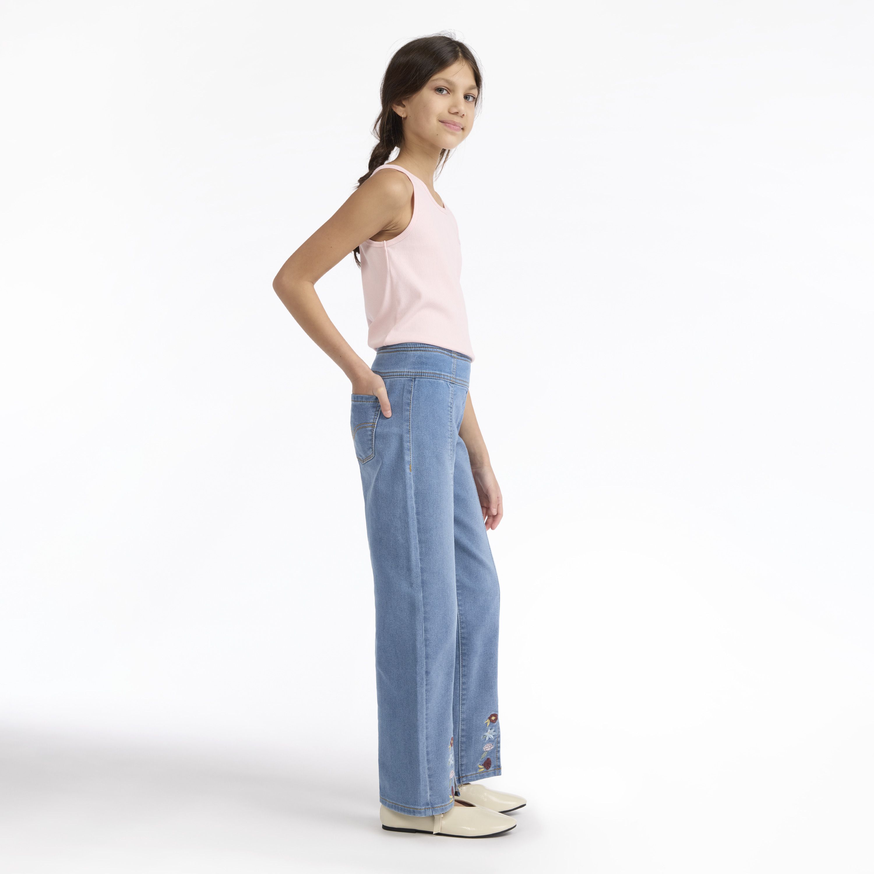 Dobby Pull On Wide Leg Jeans Big Girls 7-16 2