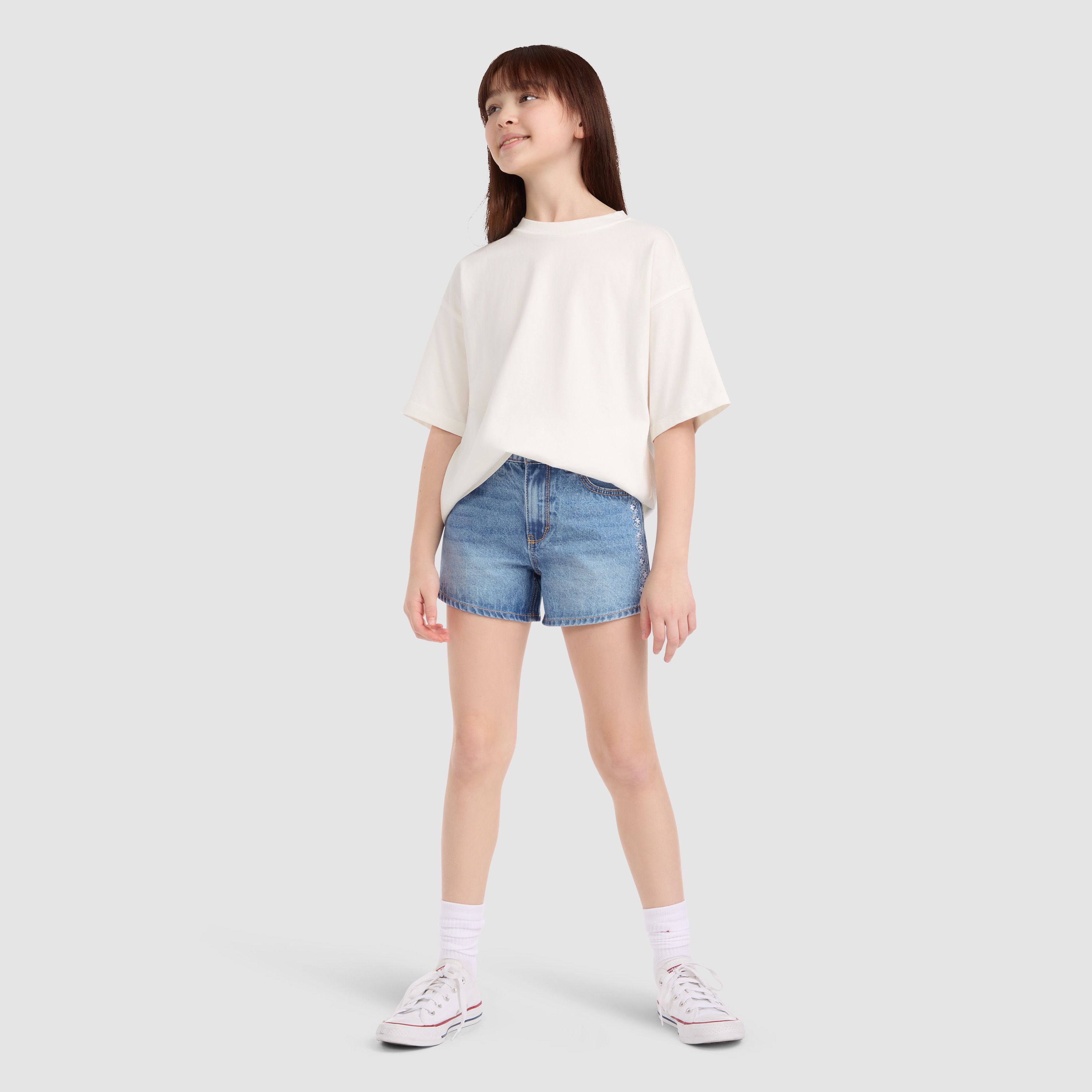 Embroidered Mini Mom Denim Short Big Girls 7-16 3