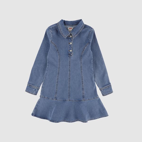 Long Sleeve Button Up Dress Little Girls 4-6X — Drew Me In - Medium Wash
