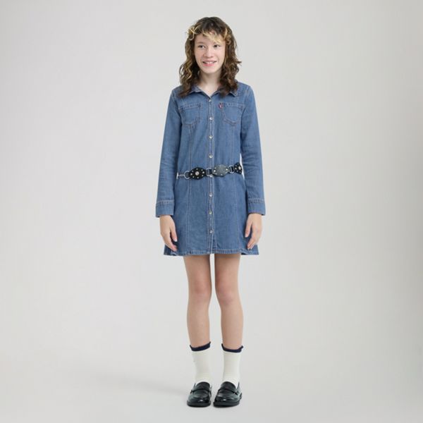 Long Sleeve Button Up Dress Little Girls 4-6X — Drew Me In - Medium Wash