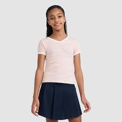 Short Sleeve Rosette Pointelle Knit Top Big Girls 7-16 — Crystal Pink - Pink 1