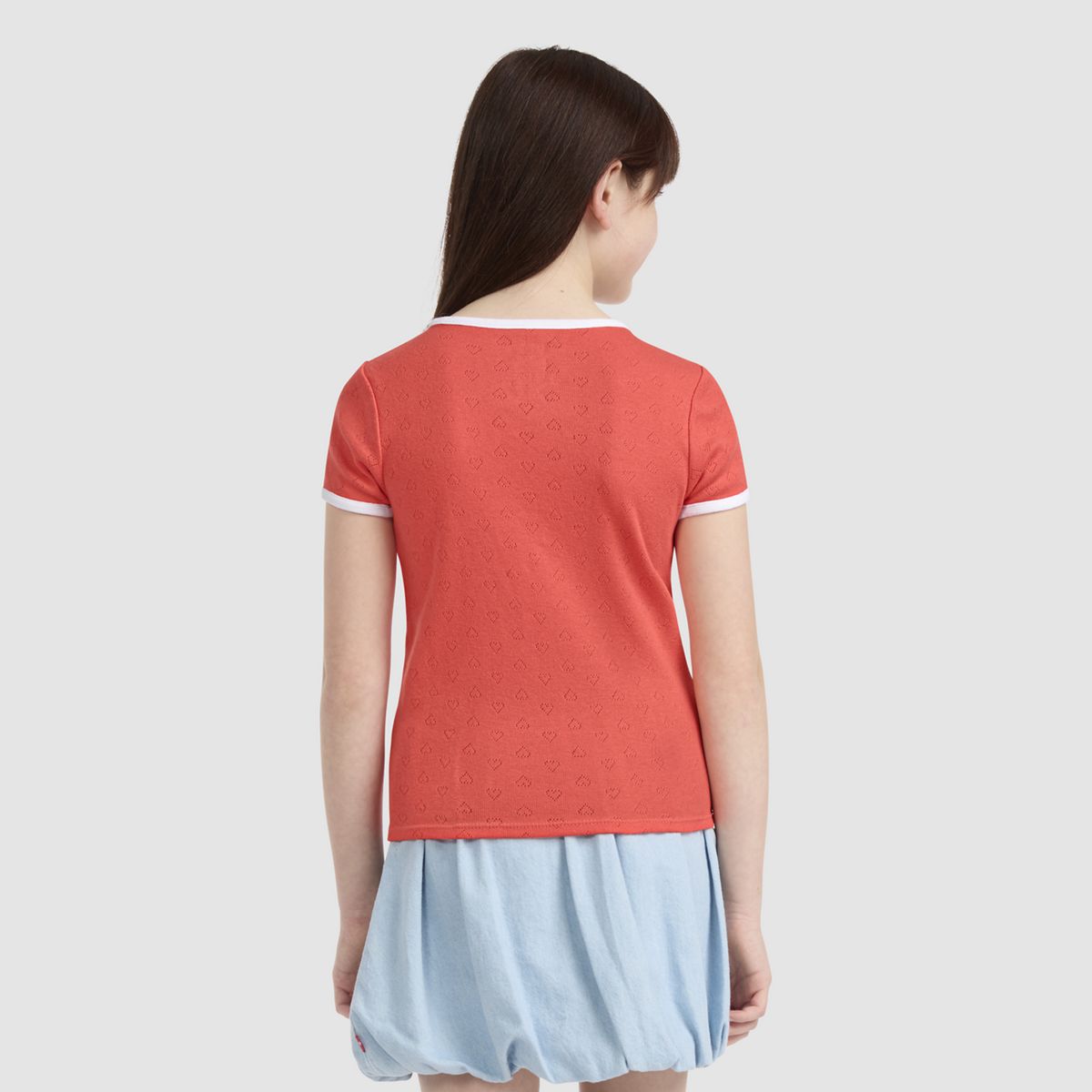Short Sleeve Rosette Pointelle Knit Top Big Girls 7-16 — Hot Coral - Pink
