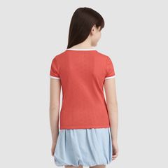 Short Sleeve Rosette Pointelle Knit Top Big Girls 7-16 — Hot Coral - Pink 2