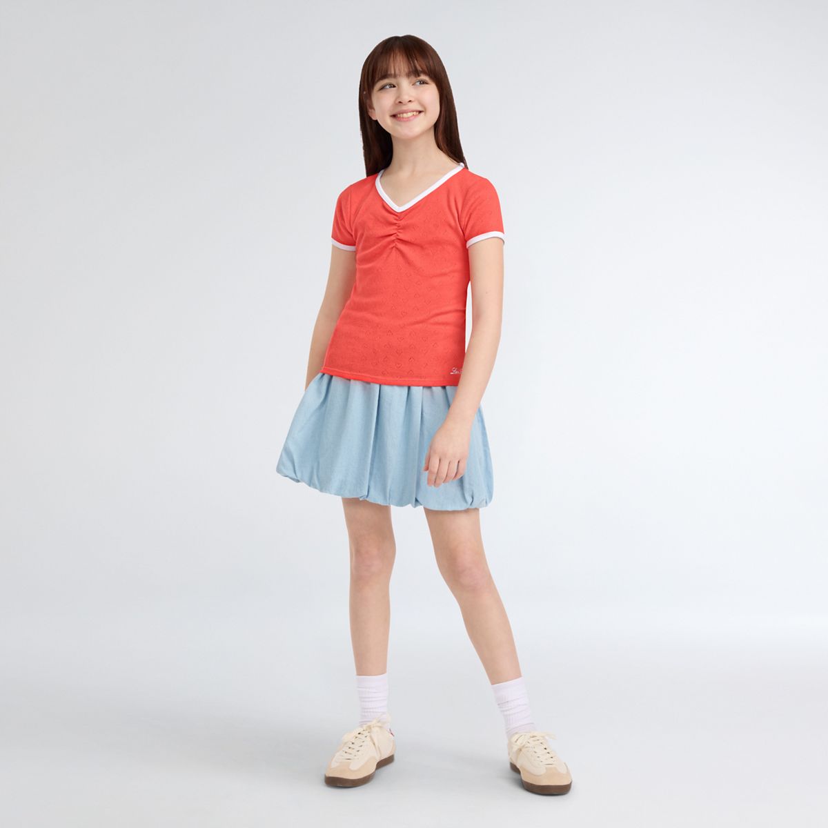 Short Sleeve Rosette Pointelle Knit Top Big Girls 7-16 — Hot Coral - Pink