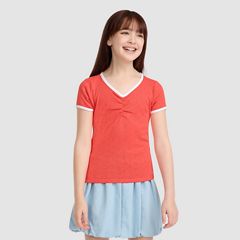 Short Sleeve Rosette Pointelle Knit Top Big Girls 7-16 — Hot Coral - Pink 1