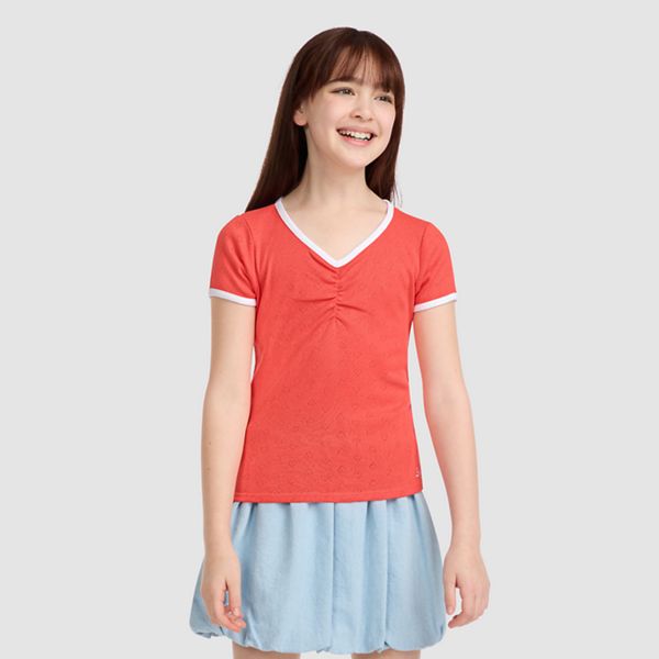 Short Sleeve Rosette Pointelle Knit Top Big Girls 7-16 — Hot Coral - Pink