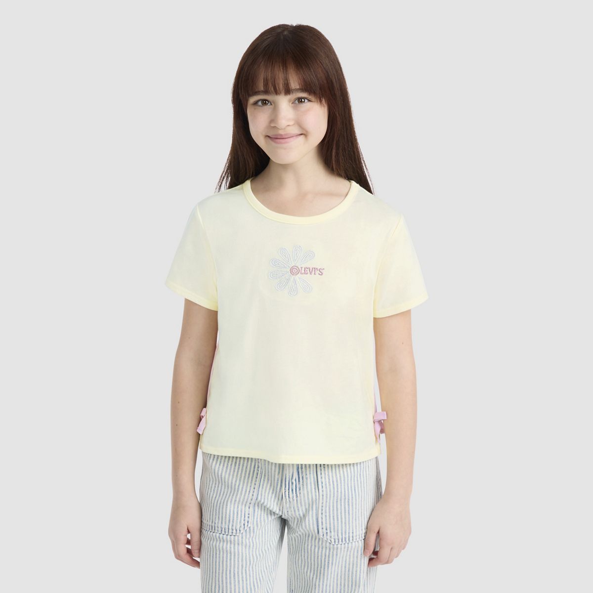 Short Sleeve Daisy Side Tie Knit Top Big Girls 7-16 — French Vanilla - White