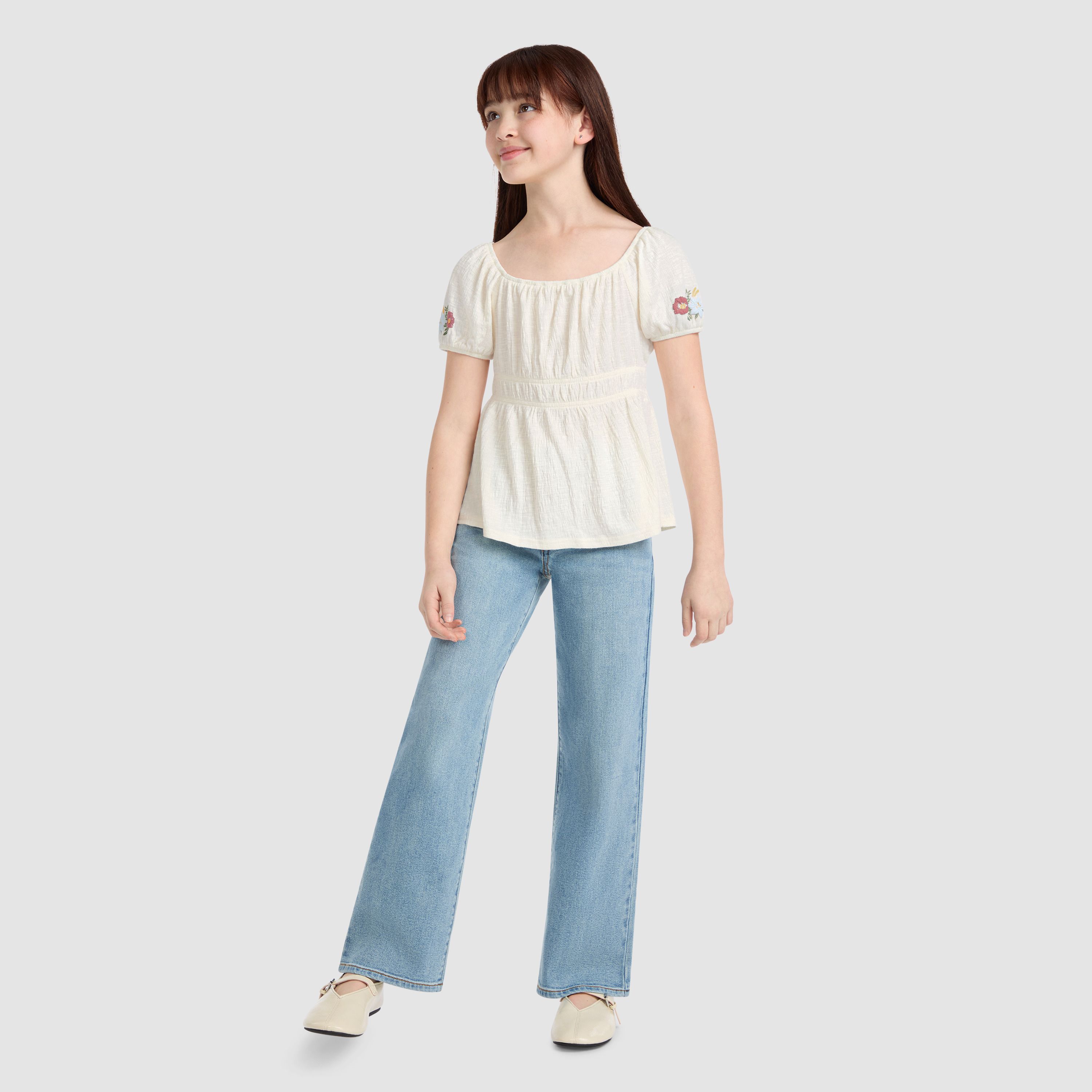 Short Sleeve Smocked Puff Sleeve Top  Big Girls 7-16 3