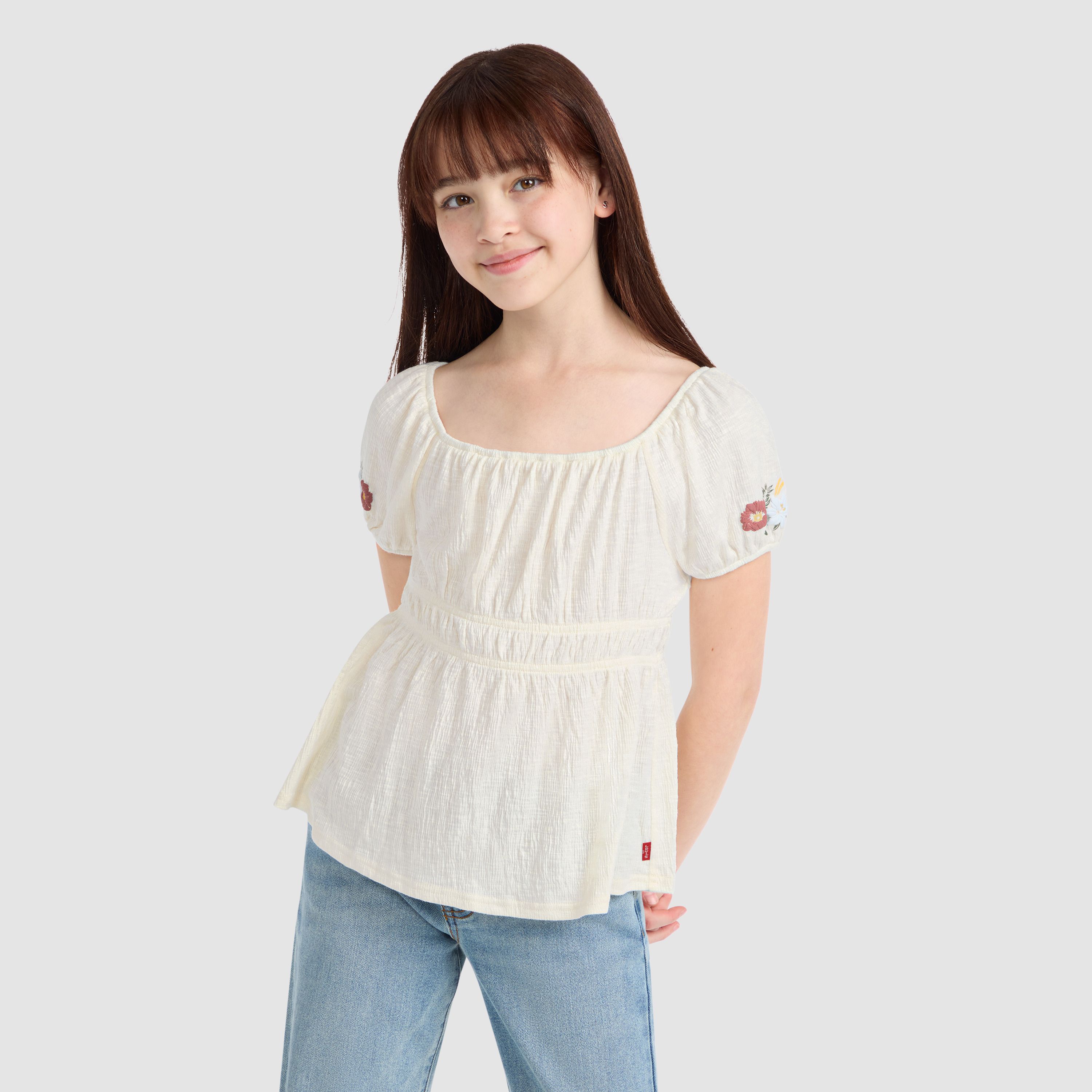 Short Sleeve Smocked Puff Sleeve Top  Big Girls 7-16 1