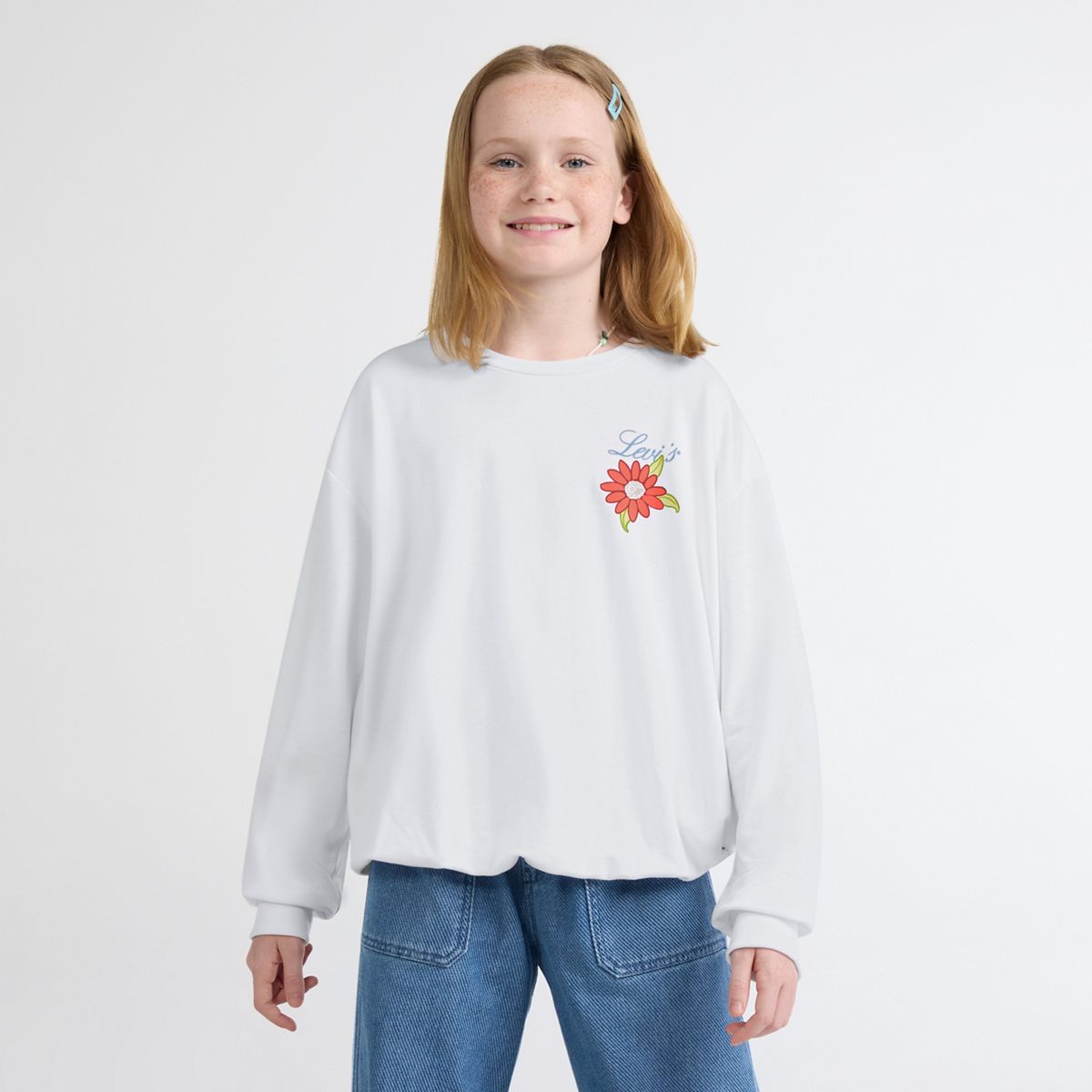 Long Sleeve Bubble Hem Knit Top Big Girls 7-16 — Bright White