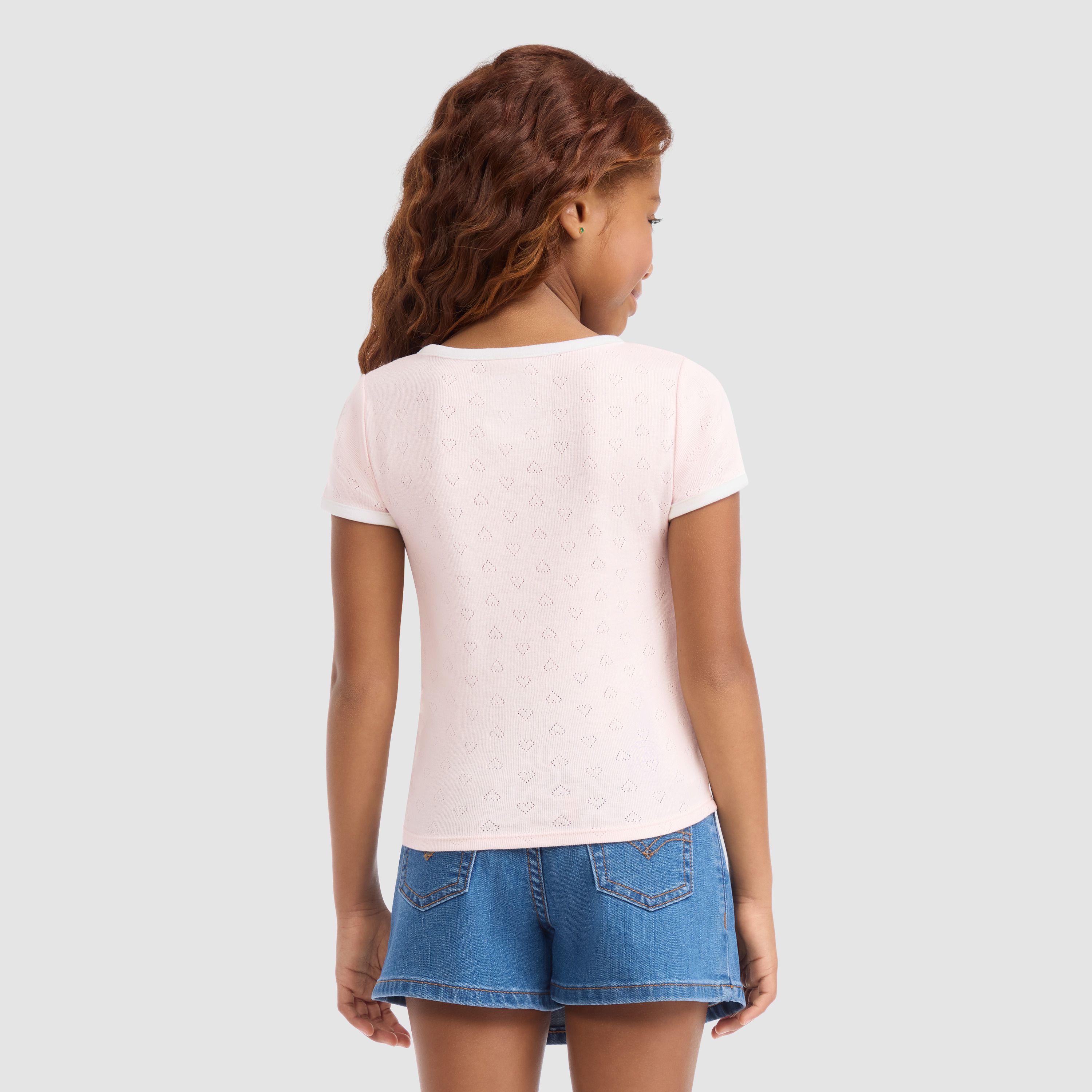 Short Sleeve Rosette Pointelle Knit Top Little Girls 4-6 2