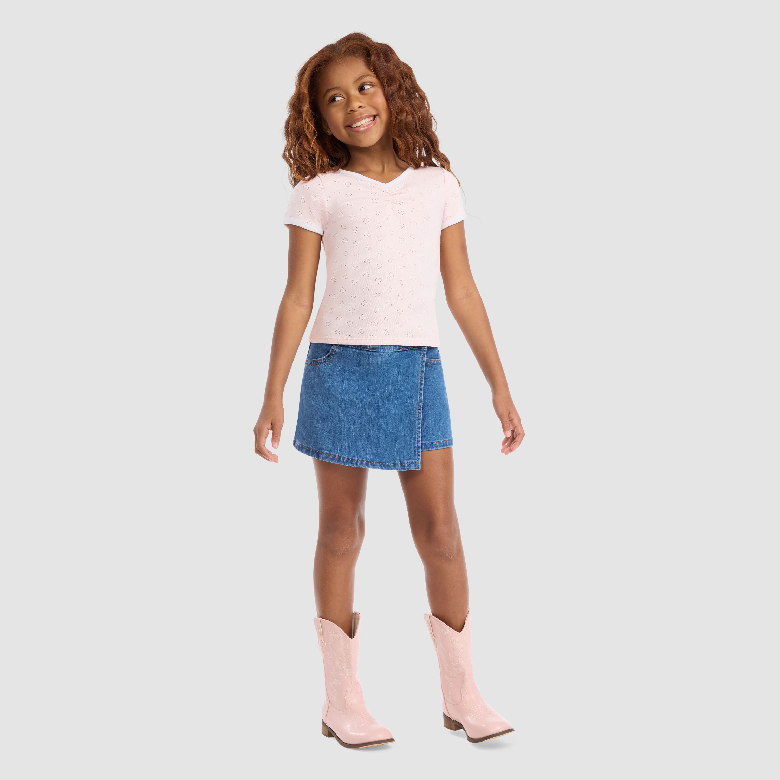 Short Sleeve Rosette Pointelle Knit Top Little Girls 4-6 3