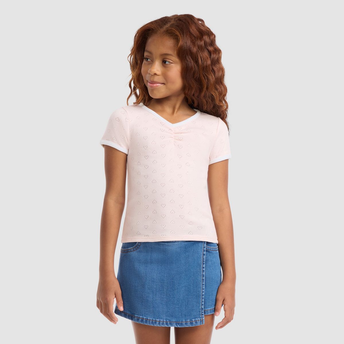 Short Sleeve Rosette Pointelle Knit Top Little Girls 4-6 — Crystal Pink - Pink